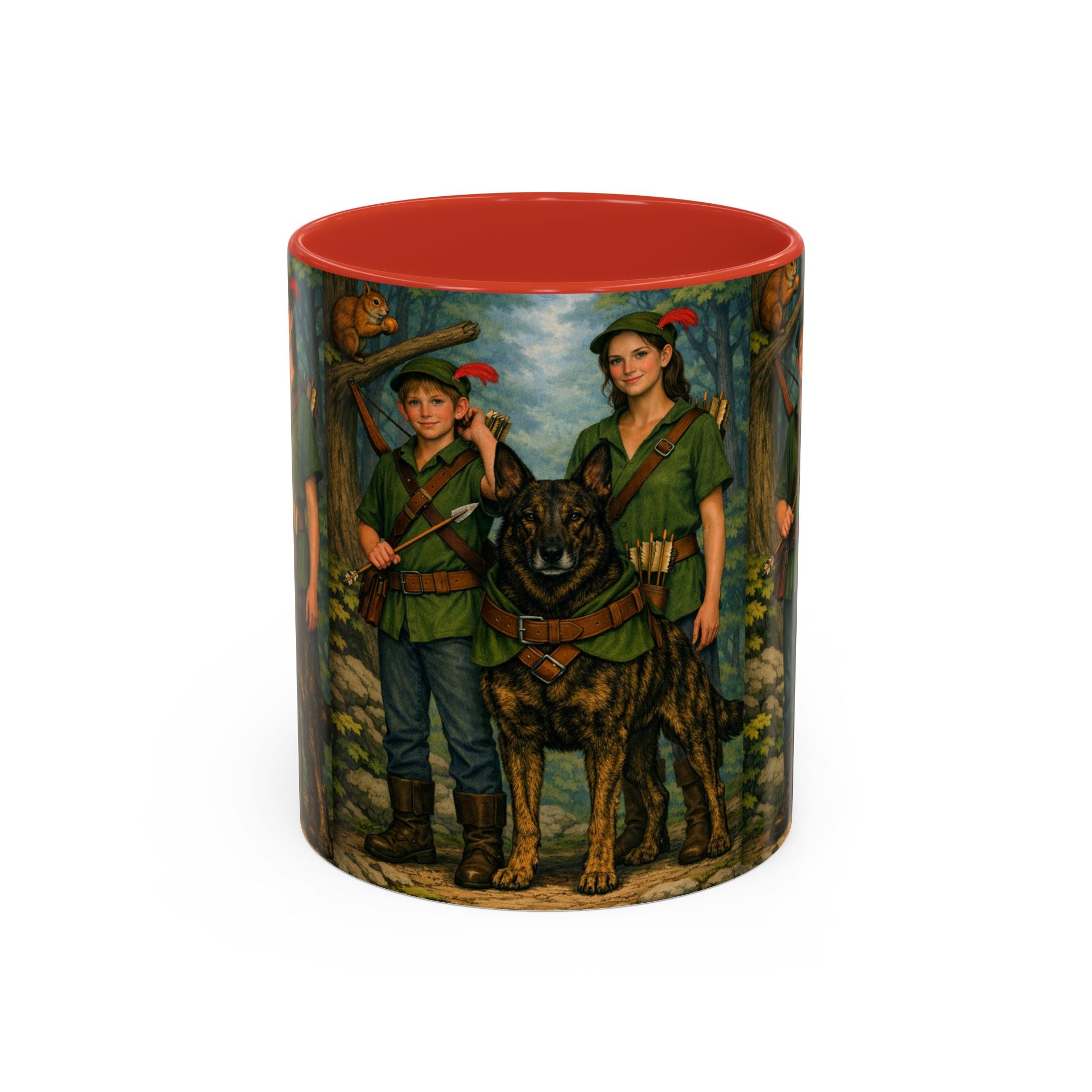 Robin Hood Duo &  Dutch Shepherd Dog Coffee Mug – Fantasy Archer Duo Illustration, Gift for Adventure Fans
