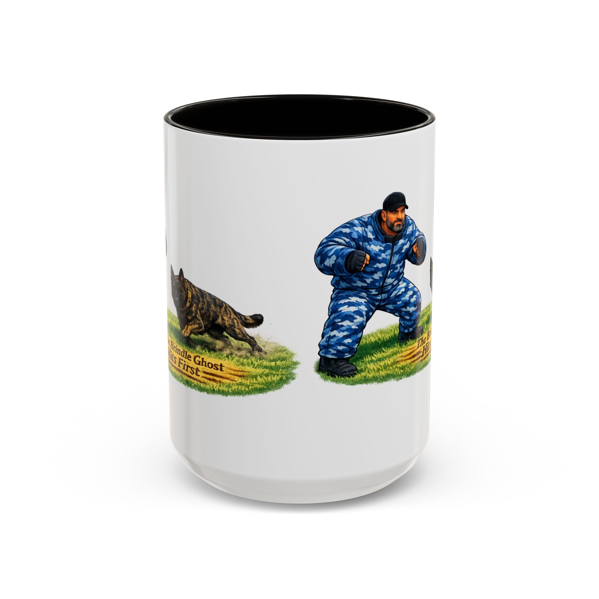 K9 Protection Trainer Mug — “The Brindle Ghost Hits First” Color Accent Coffee Cup (11oz/15oz)