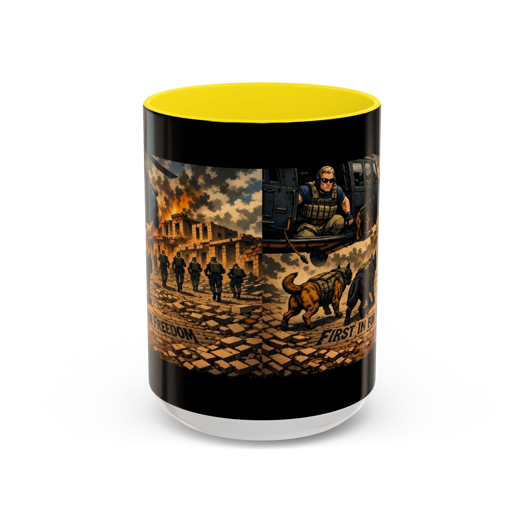 Military K9 Coffee Mug — 'First In for Freedom' Accent Ceramic Mug