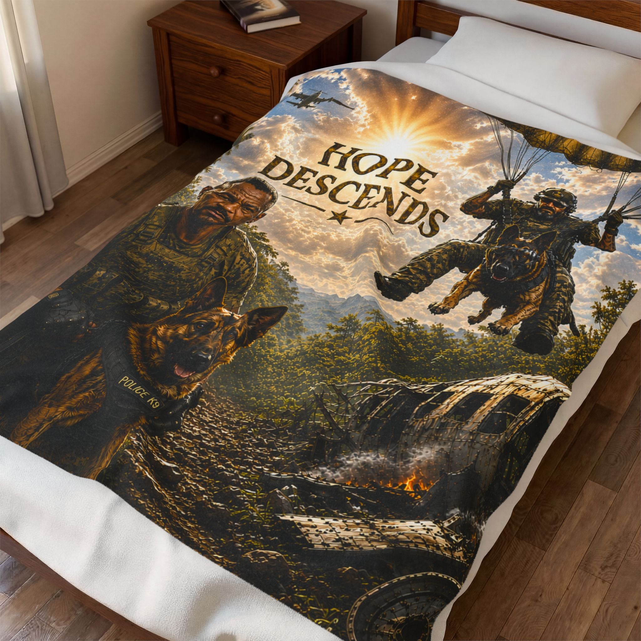 Hope Descends Military Paratrooper & K9 Velveteen Plush Blanket
