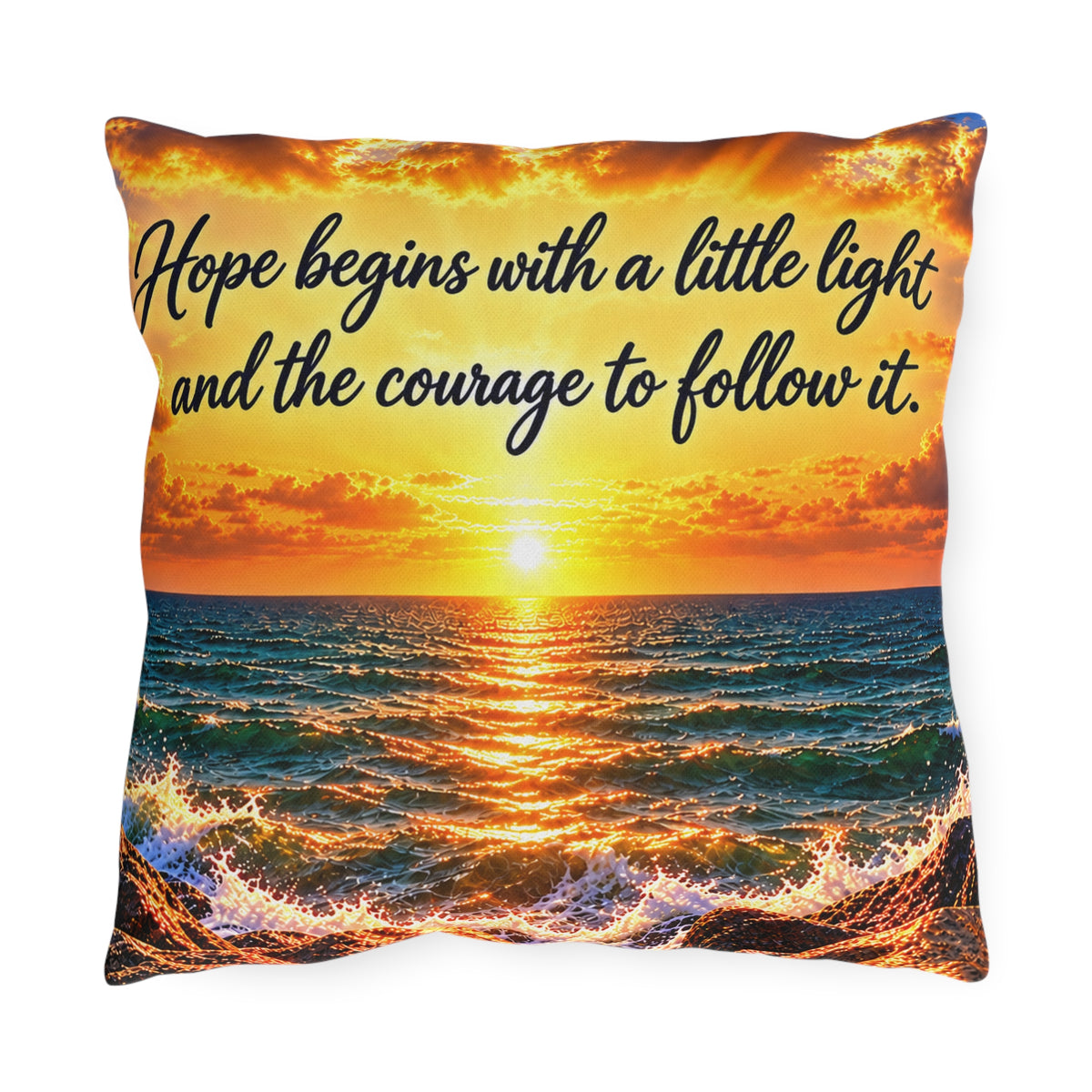 Outdoor Pillow – Hope Begins with a Little Light Inspirational Sunset Ocean Cushion