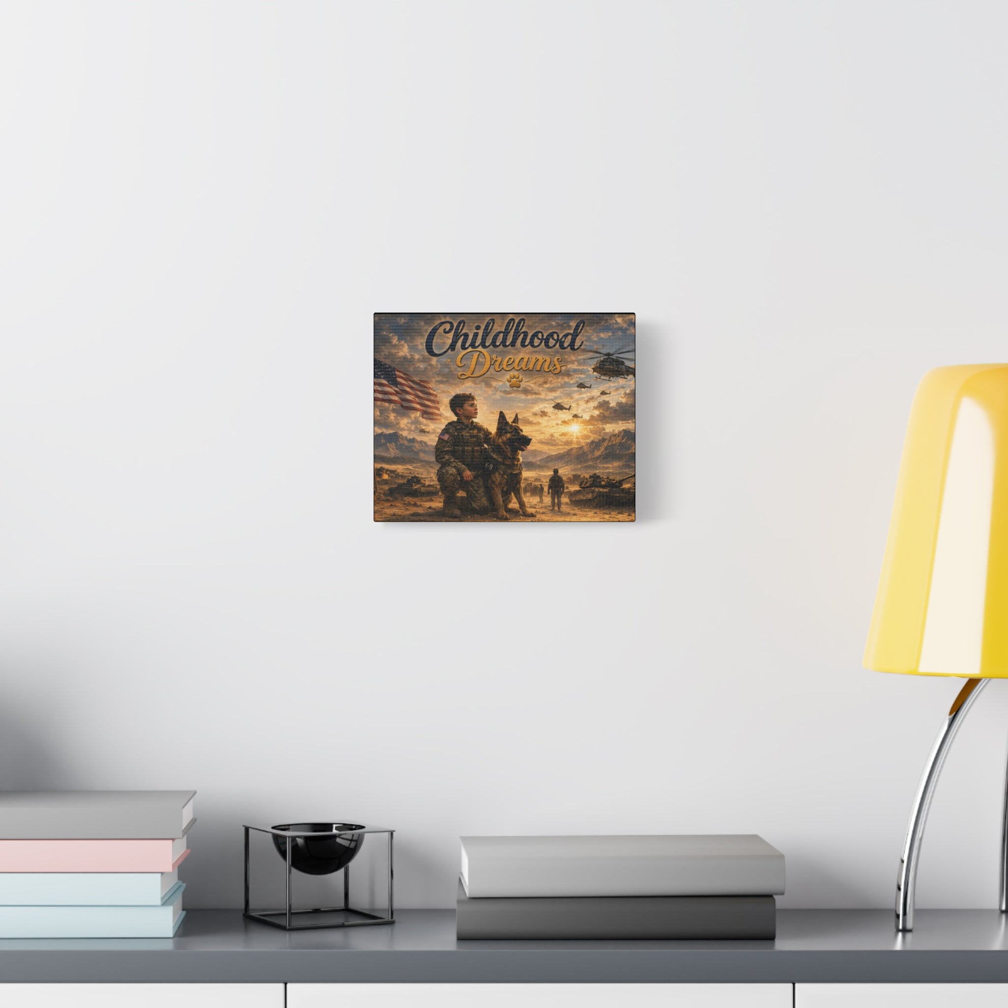 Childhood Dreams Military Canvas Wall Art — Kid Soldier & K9 Patriotic Stretched Matte Canvas