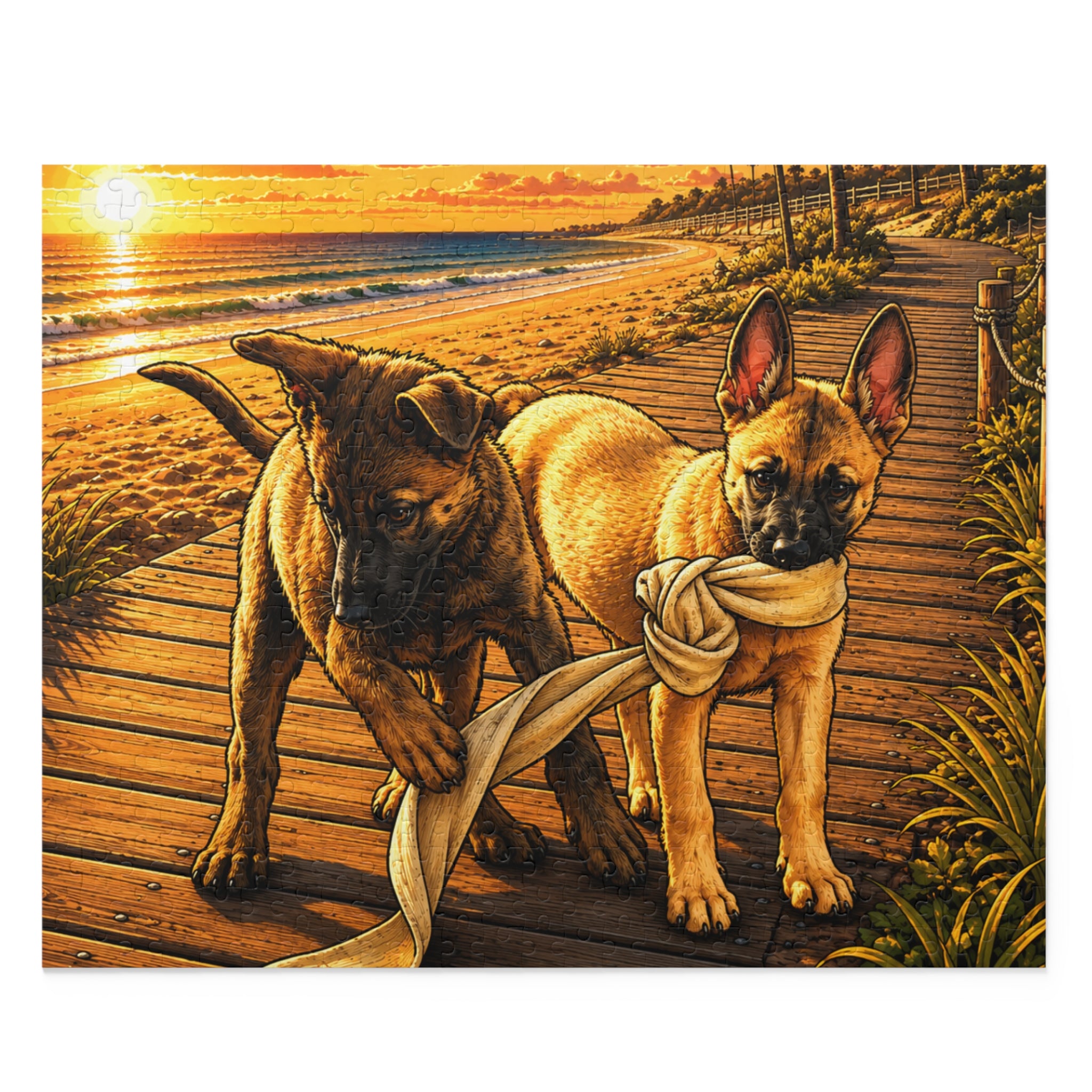 Sunset Beach Puppies Puzzle — Dogs Playing on Boardwalk (120/252/500-Piece)