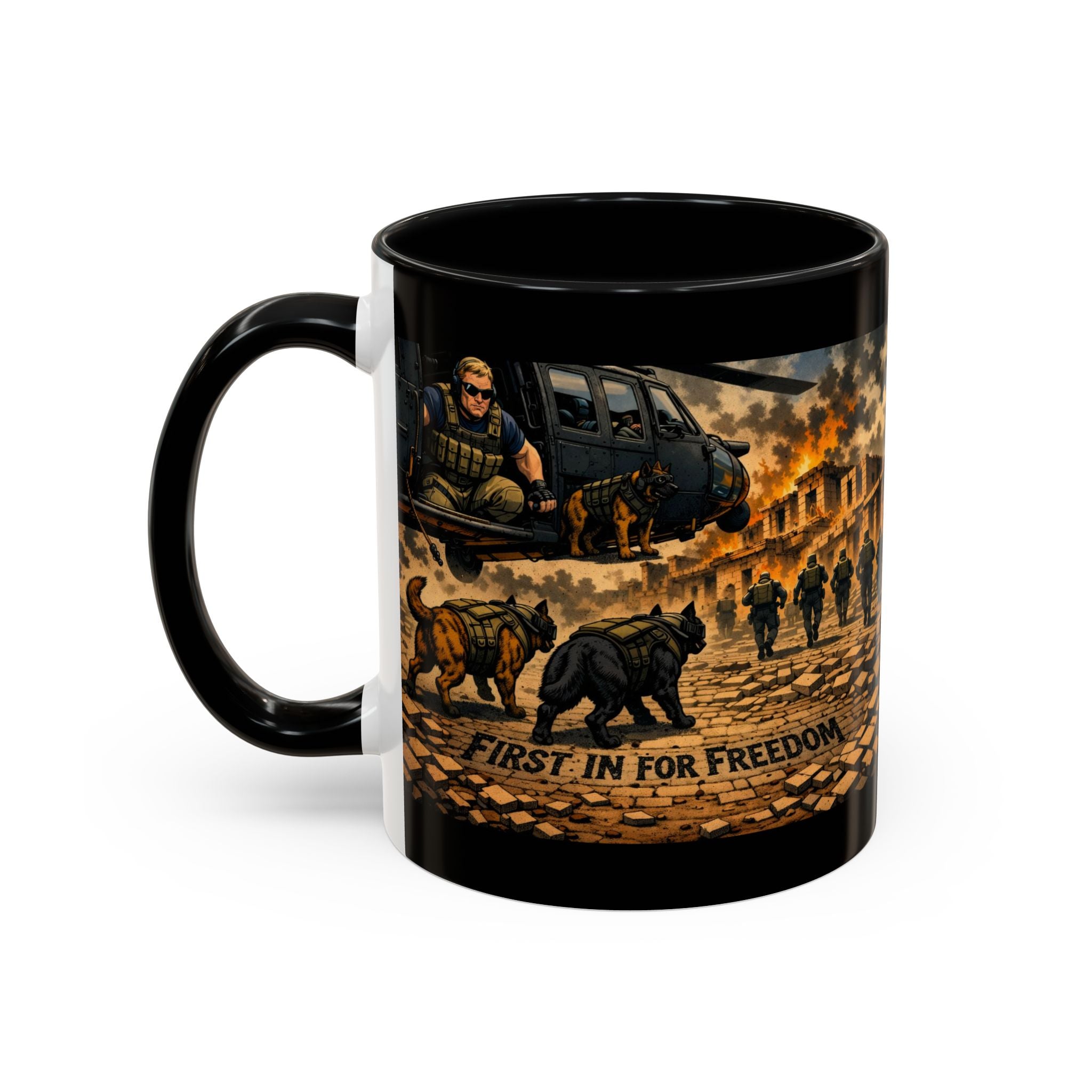 Military K9 Coffee Mug — 'First In for Freedom' Accent Ceramic Mug
