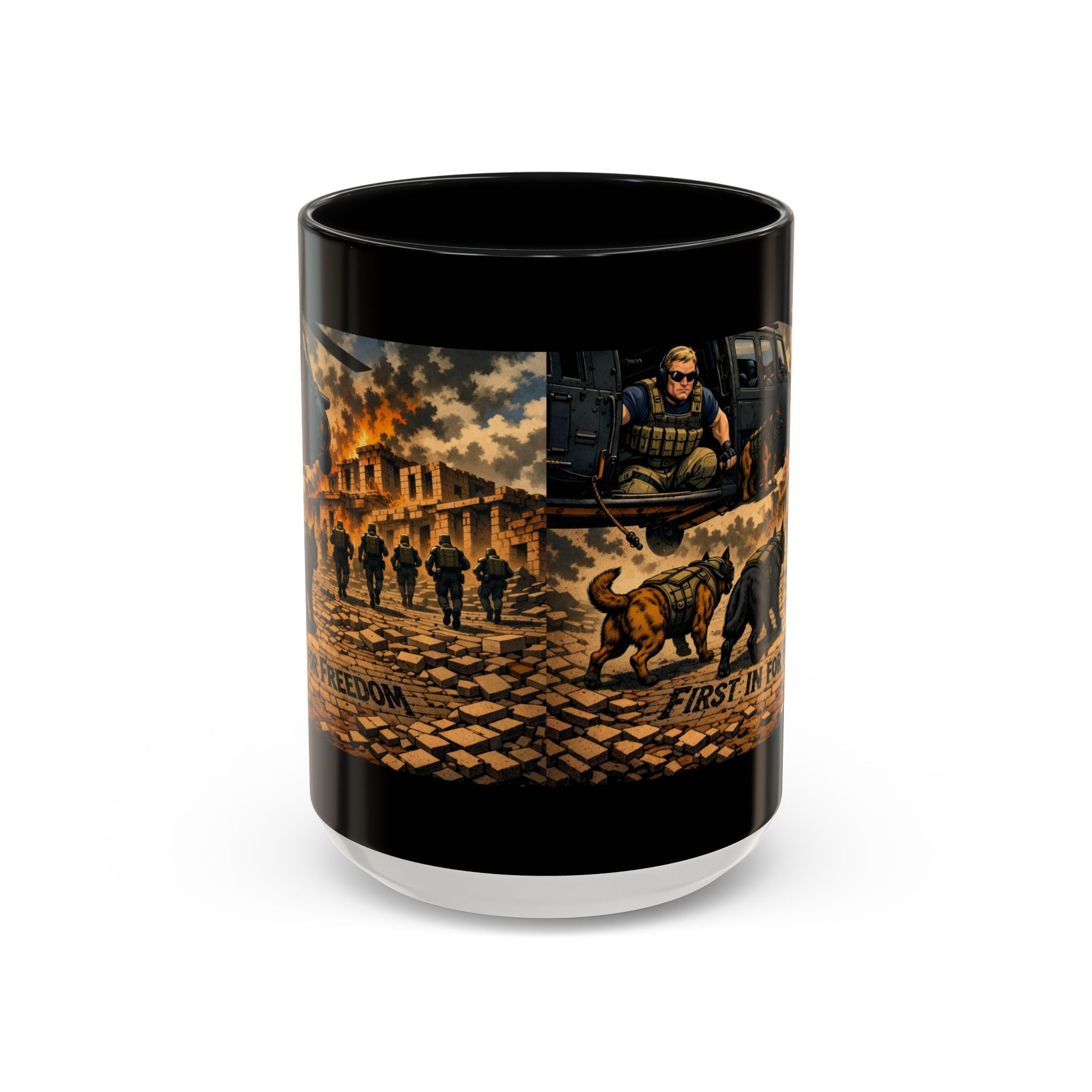 Military K9 Coffee Mug — 'First In for Freedom' Accent Ceramic Mug