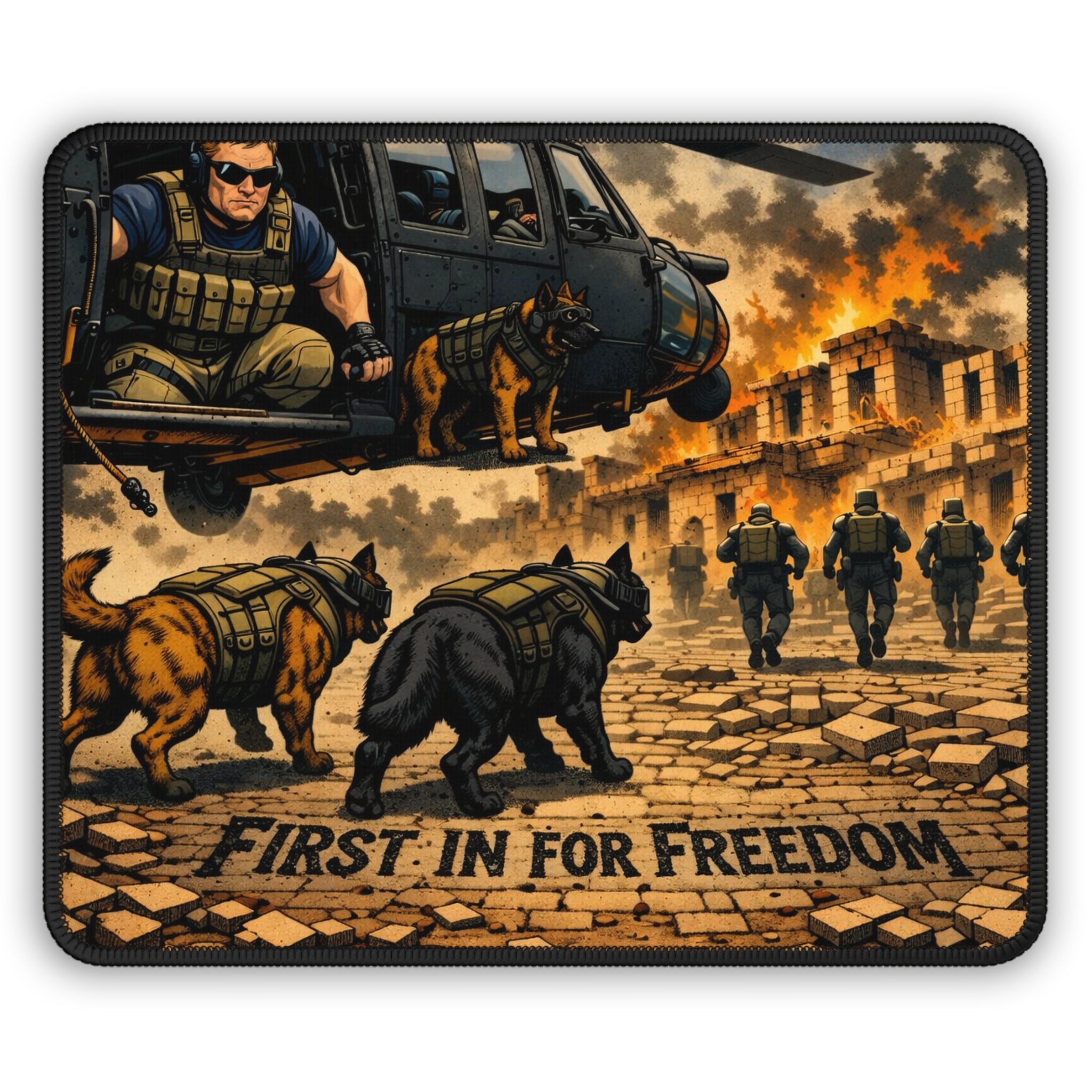 Tactical K9 Gaming Mouse Pad — "First In For Freedom" Military Dog Desk Mat