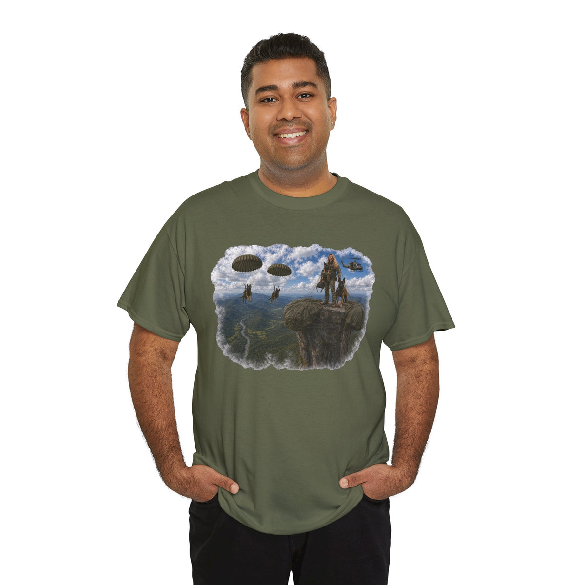 Fantasy Adventure T-Shirt — Warrior on Cliff with Airship Sky Scene