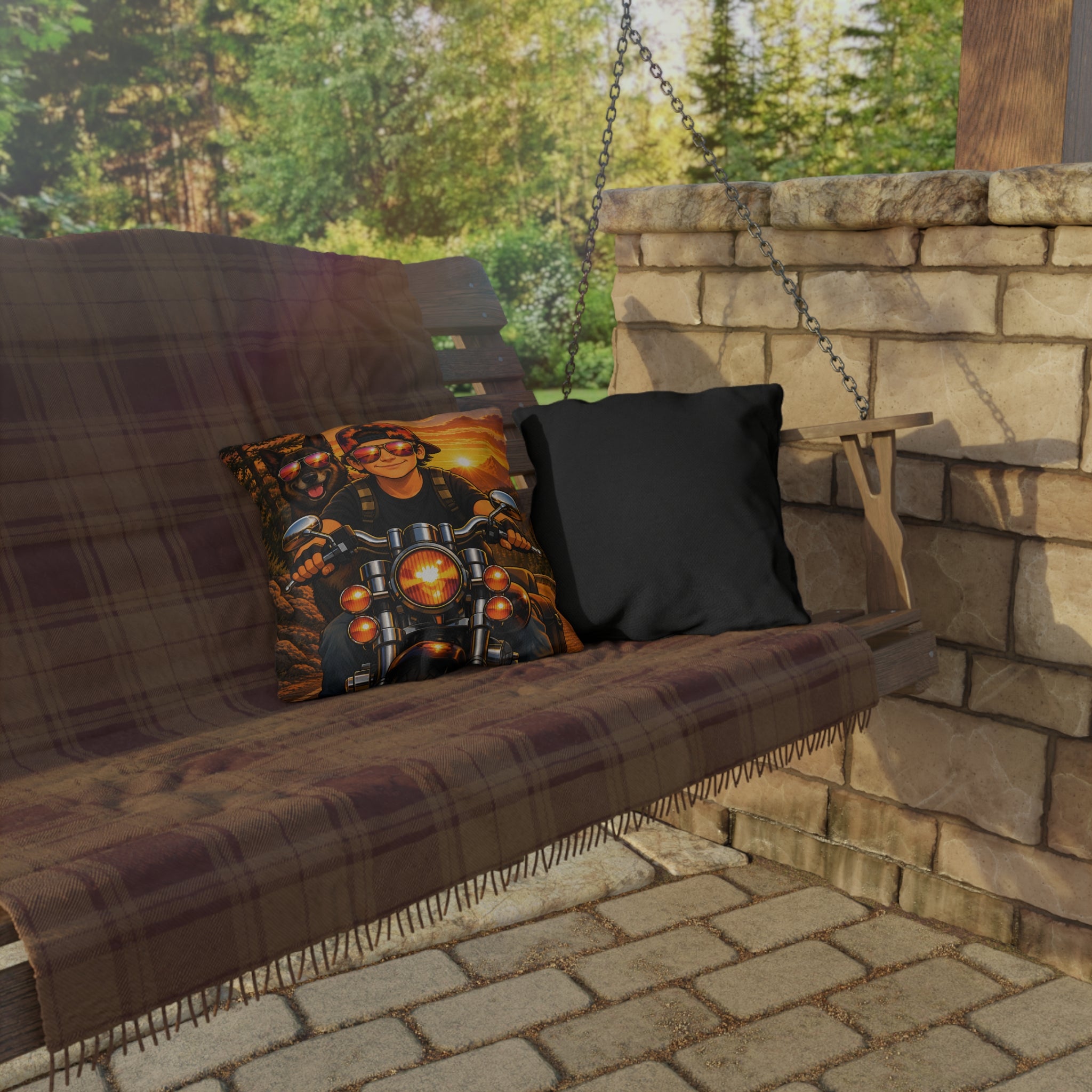 Making Memories Motorcycle Outdoor Pillow – Rider & Dog Sunset Adventure