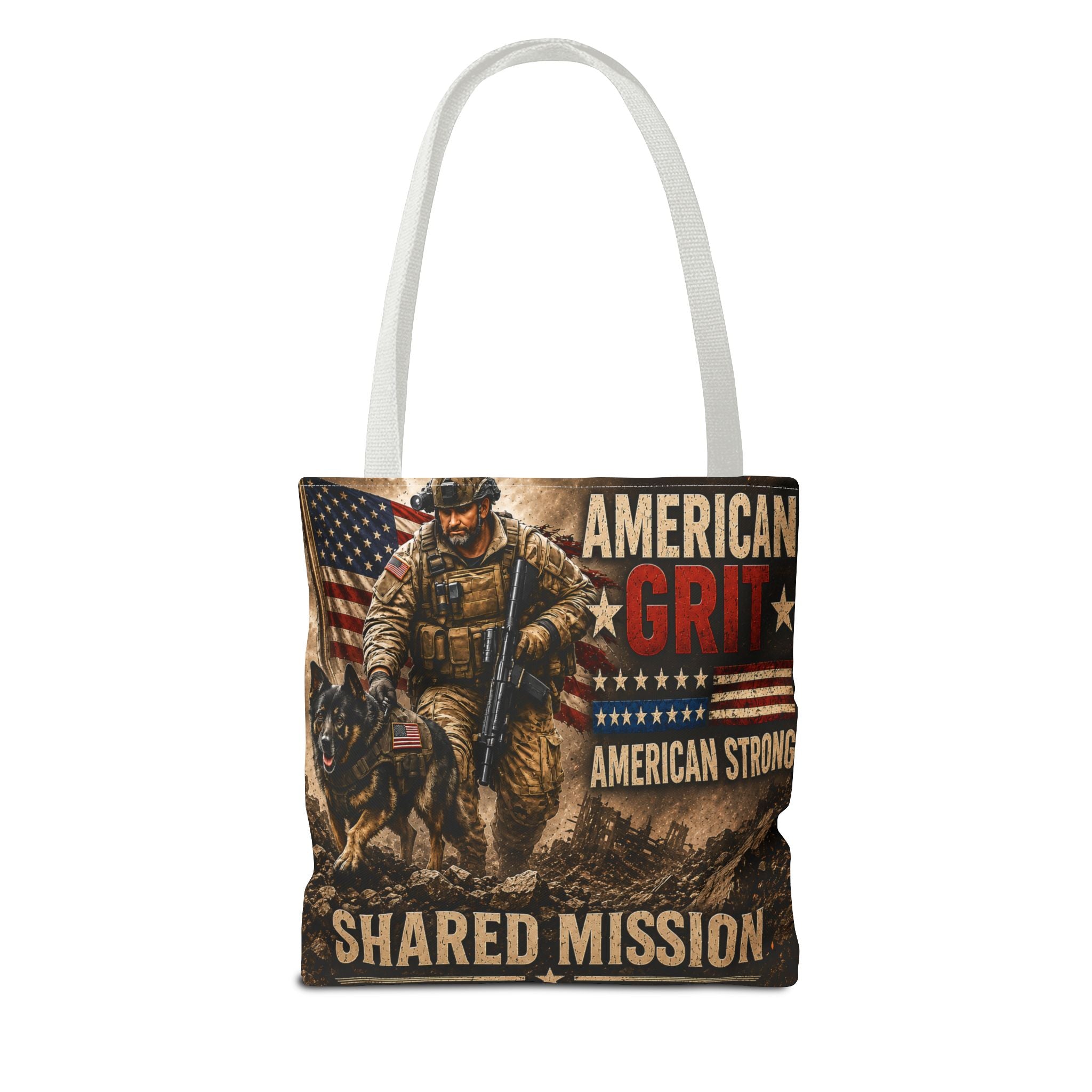 American Grit Military Tote Bag - "Shared Mission" Patriotic Veteran Flag Design