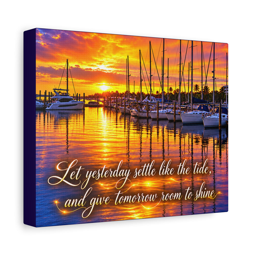 Sunset Marina Canvas Wall Art – “Let Yesterday Settle Like the Tide” Inspirational Coastal Decor
