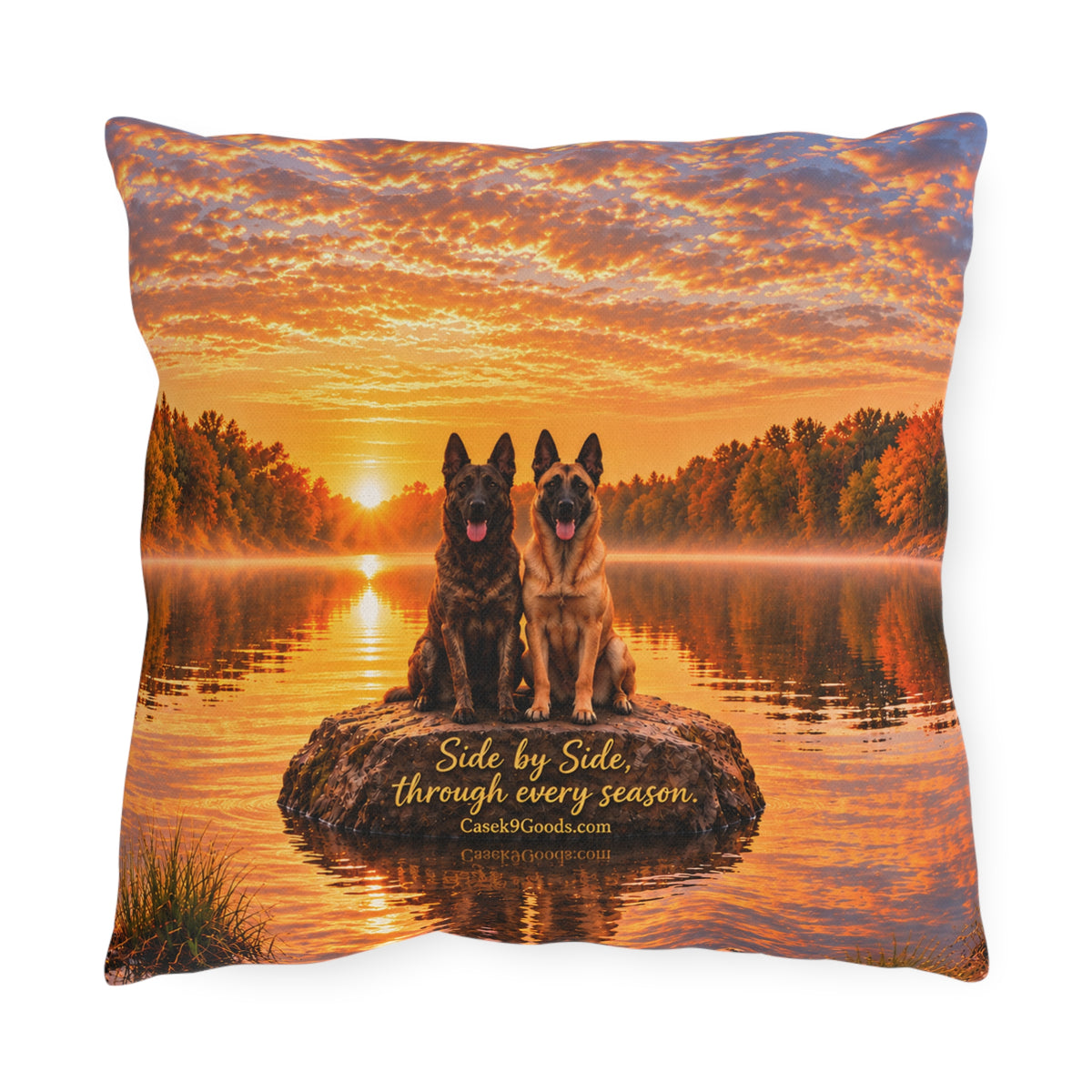 Dutch Shepherd & Belgian Malinois Outdoor Pillow – “Side by Side Through Every Season” Sunset Lake Decor