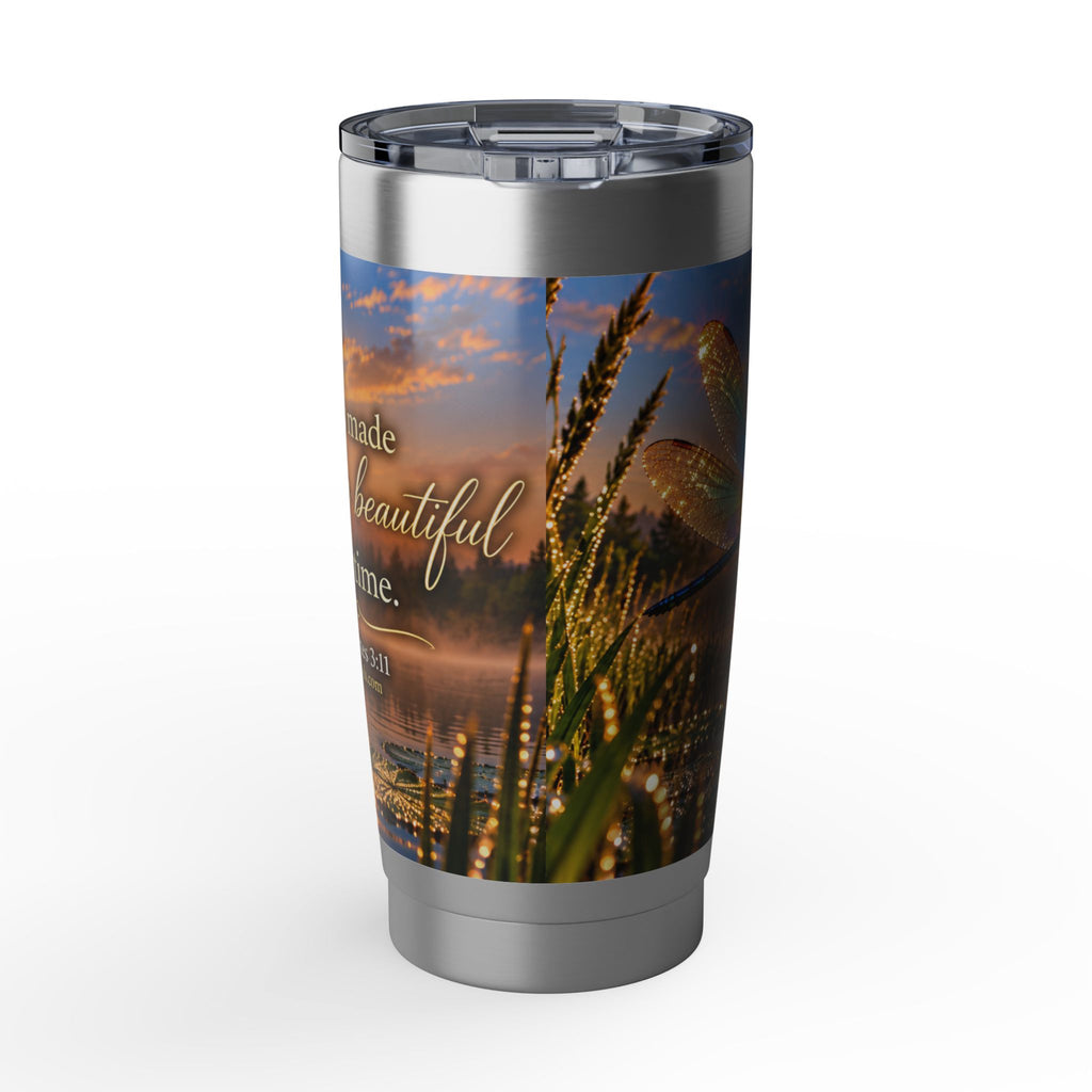 Dragonfly Scripture Sunset Lakeside 20oz Tumbler — Inspirational Bible Scripture Travel Mug