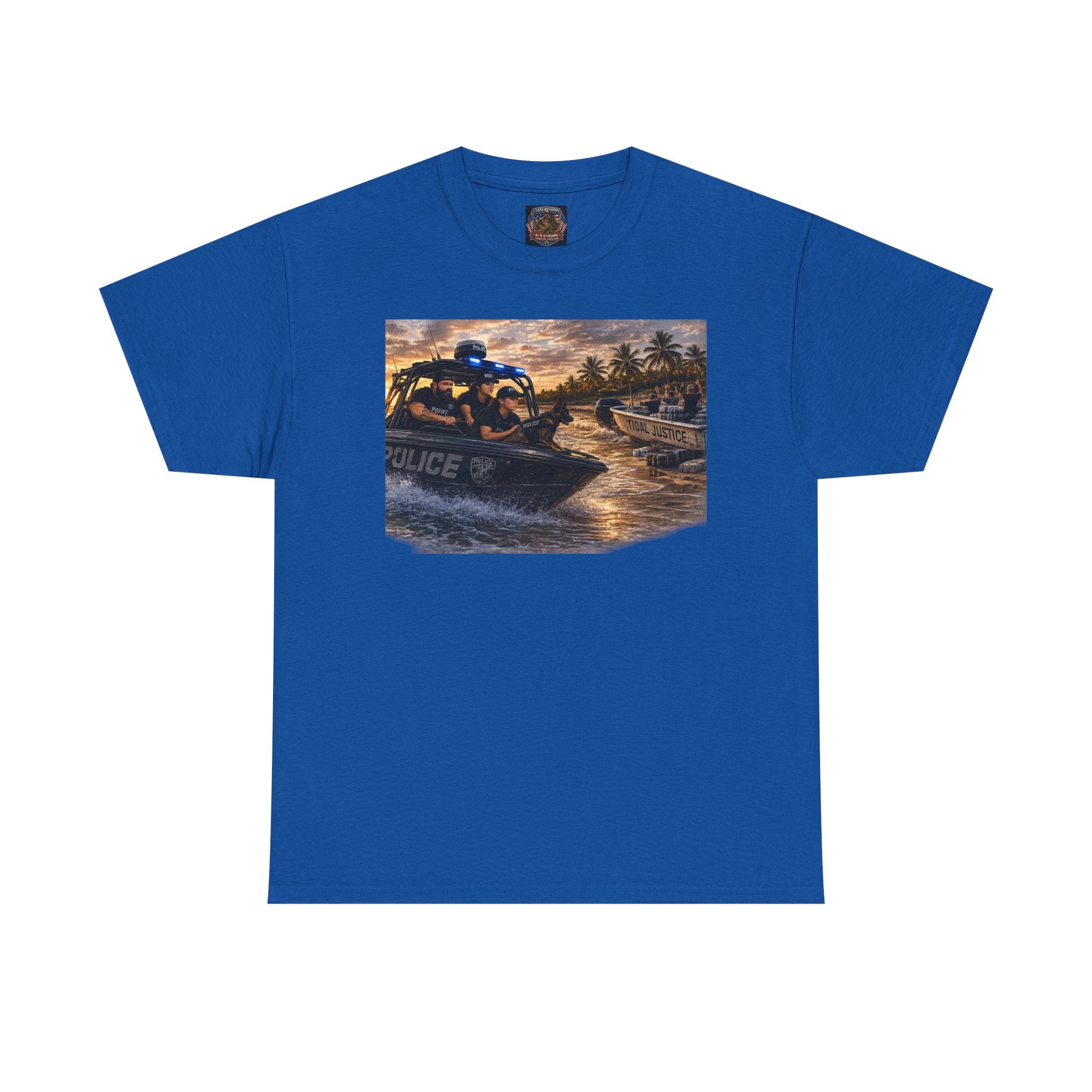 Police K-9 Rescue Boat T‑Shirt — Coastal Patrol Sunset Graphic Tee