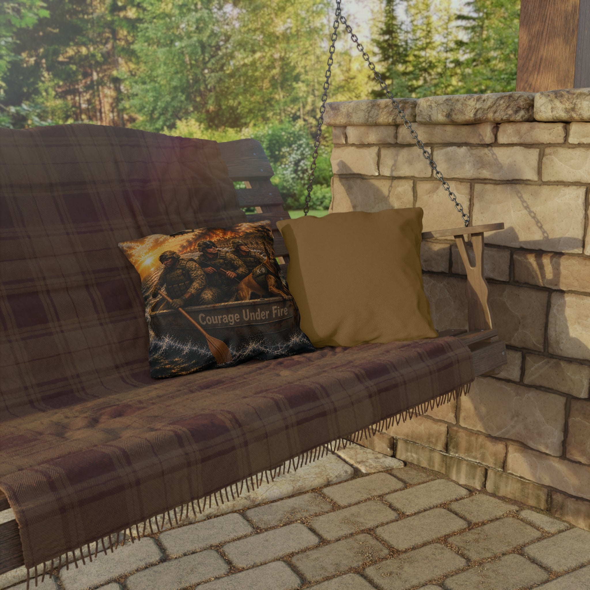 Outdoor Pillow — "Courage Under Fire" Military Rescue Scene