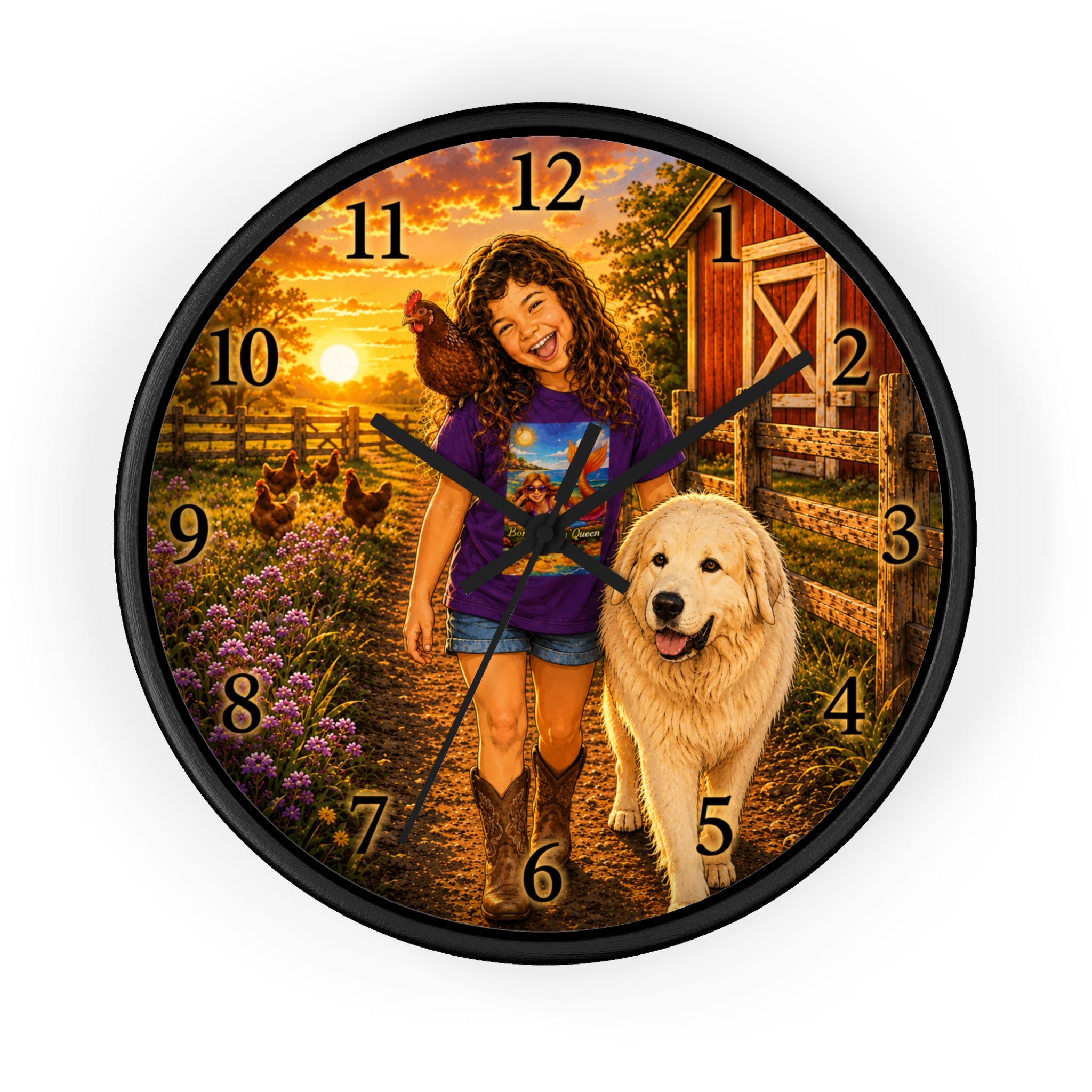 Farmhouse Kids Wall Clock — Girl with Dog & Rooster Sunset Scene