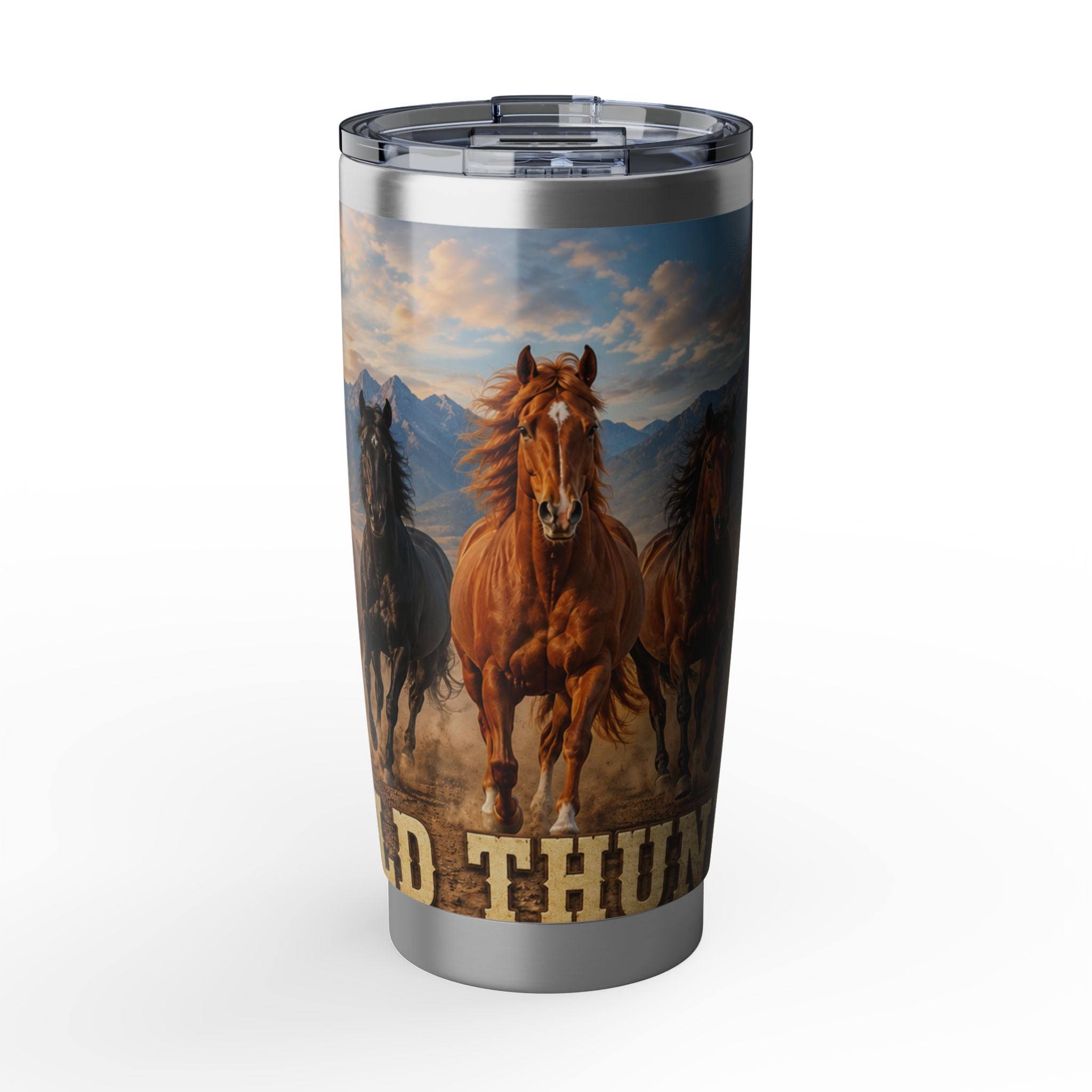 Wild Mustang 20oz Tumbler — Running Horses Mountain Sunset