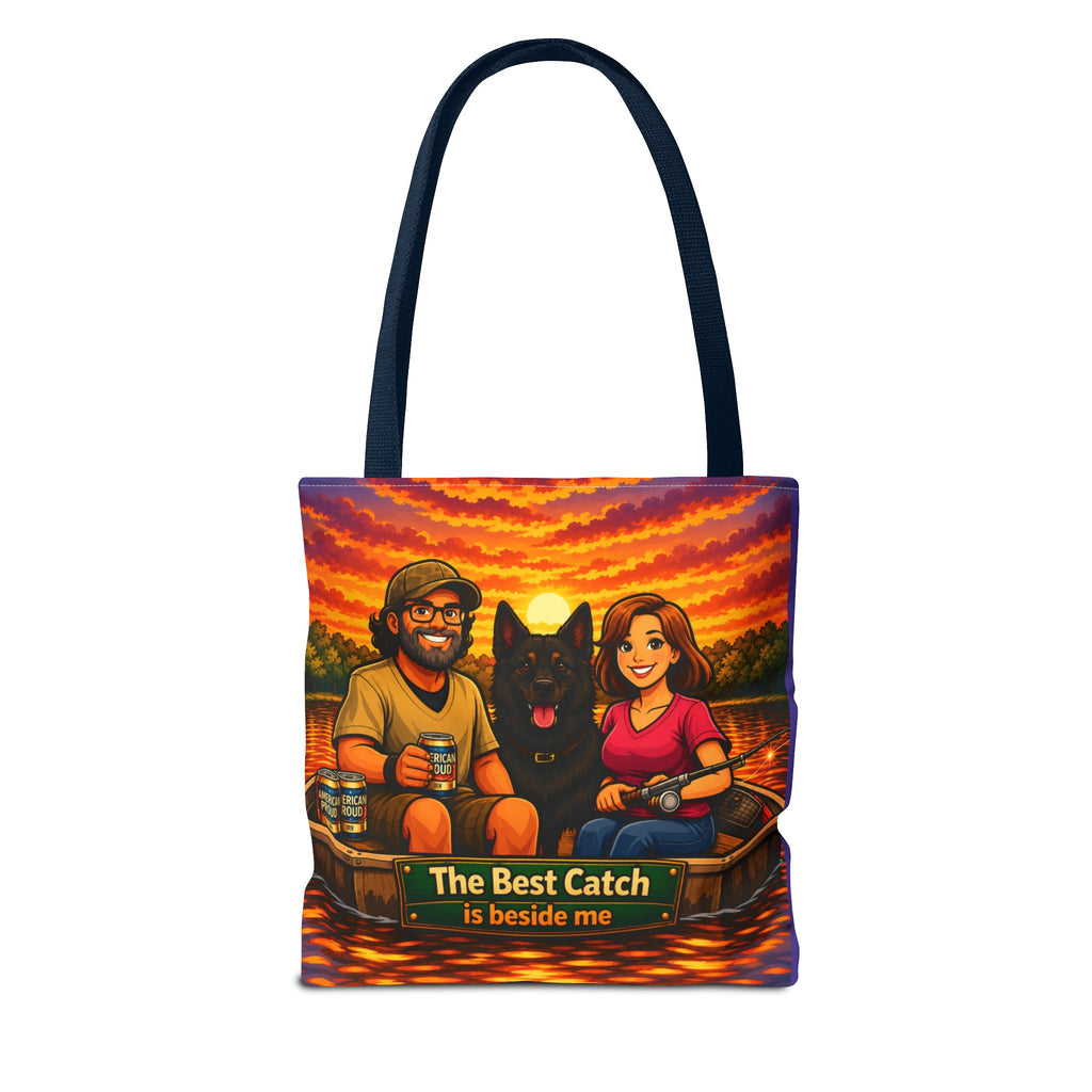 Tote Bag — "The Best Catch Is Beside Me" Fishing Couple & Dog Sunset Tote
