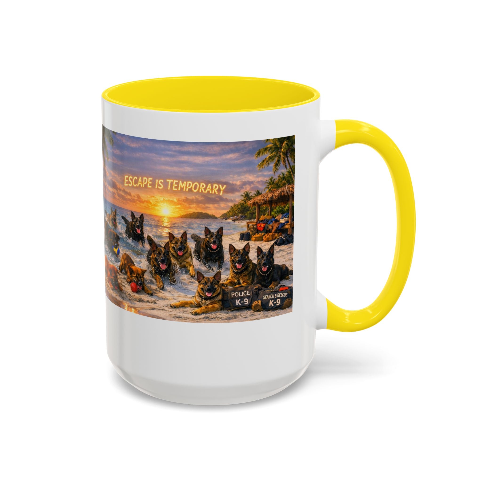 Dutch Shepherd Beach Coffee Mug — "Escape Is Temporary" Accent Mug (11/15oz)