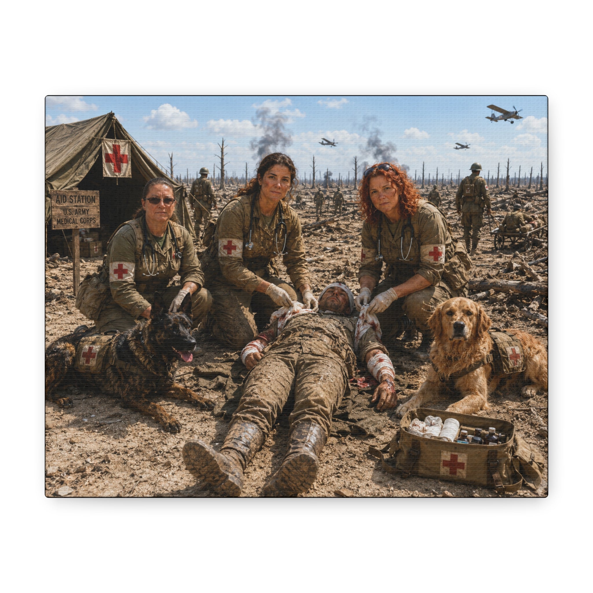 Military Medic Canvas Print — WWII Battlefield Nurses with Service Dogs