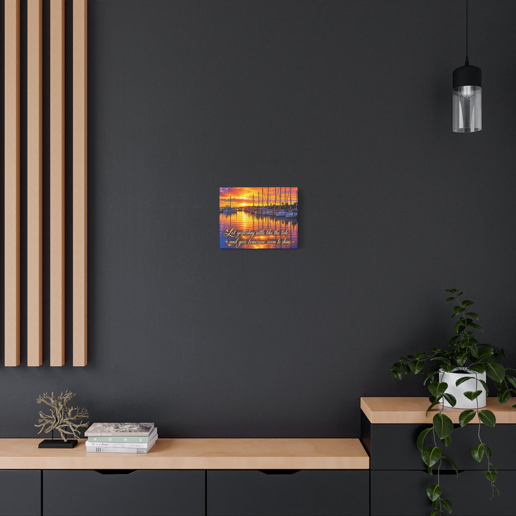 Sunset Marina Canvas Wall Art – “Let Yesterday Settle Like the Tide” Inspirational Coastal Decor