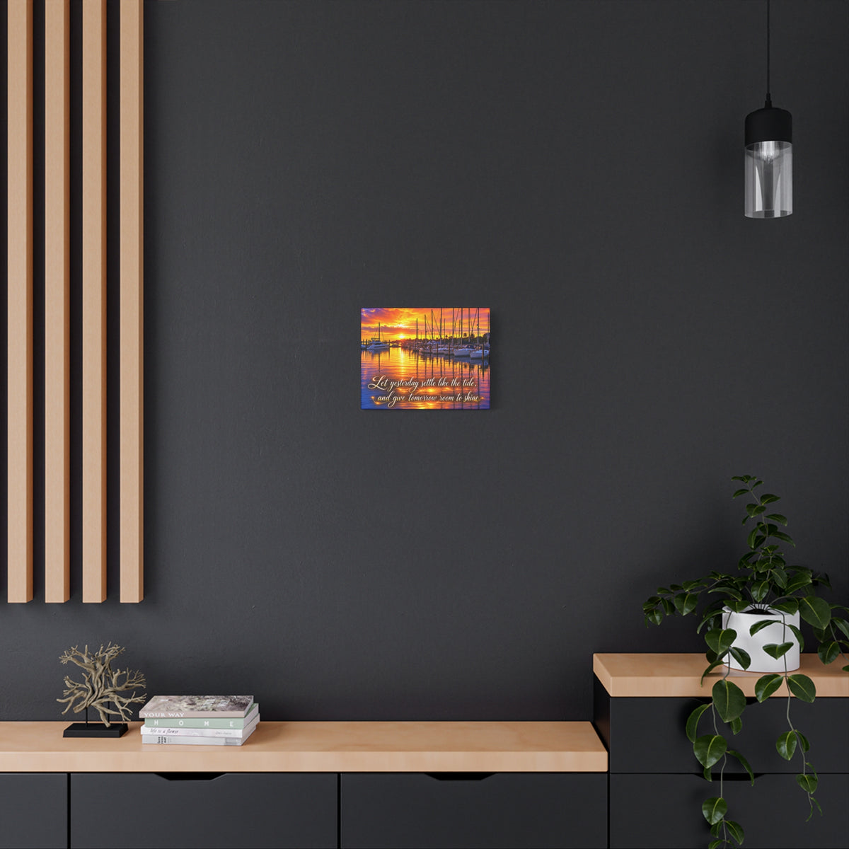 Sunset Marina Canvas Wall Art – “Let Yesterday Settle Like the Tide” Inspirational Coastal Decor