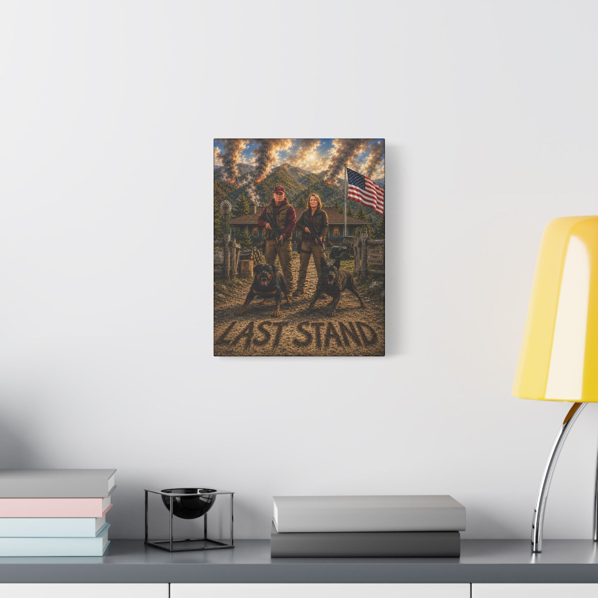 Last Stand Satin Canvas Wall Art — Patriotic Hunting Couple with Dogs