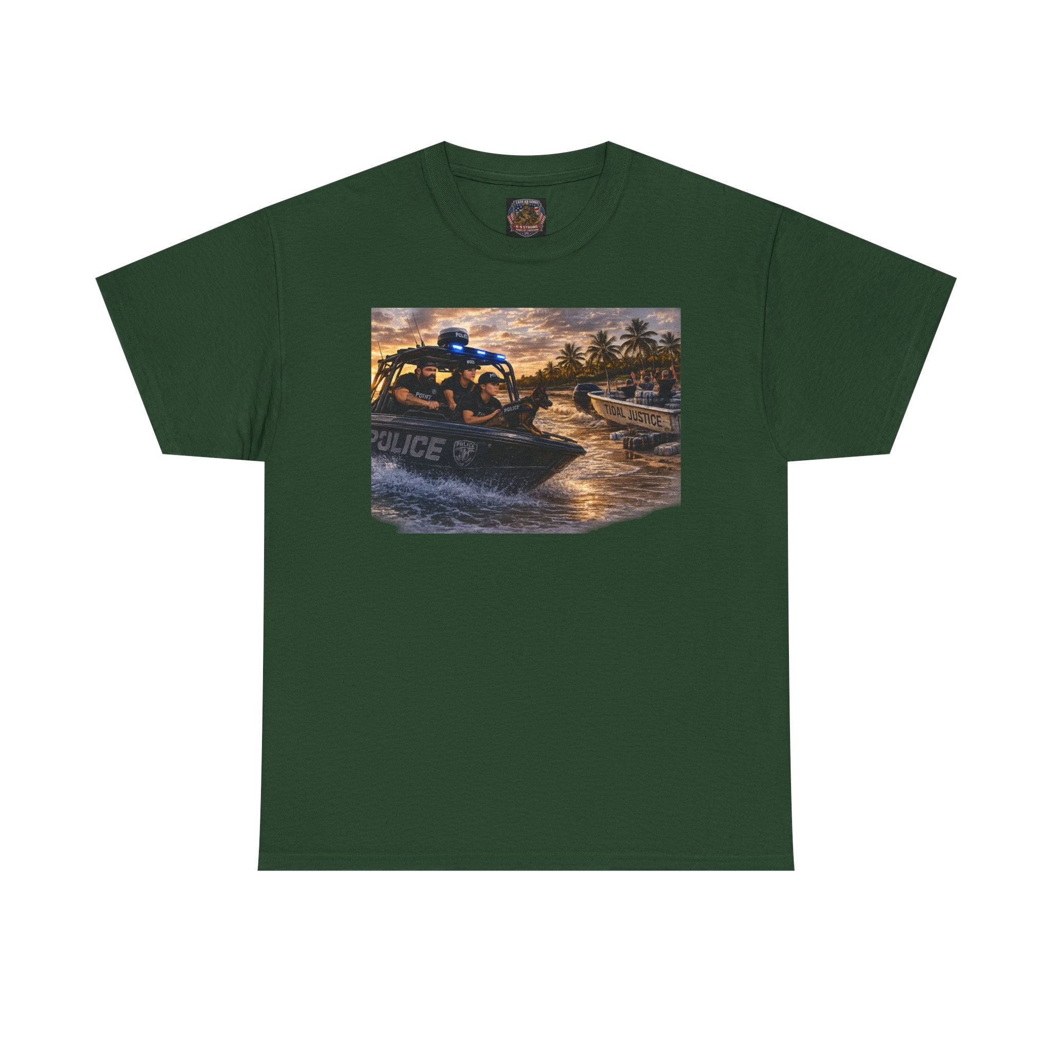 Police K-9 Rescue Boat T‑Shirt — Coastal Patrol Sunset Graphic Tee