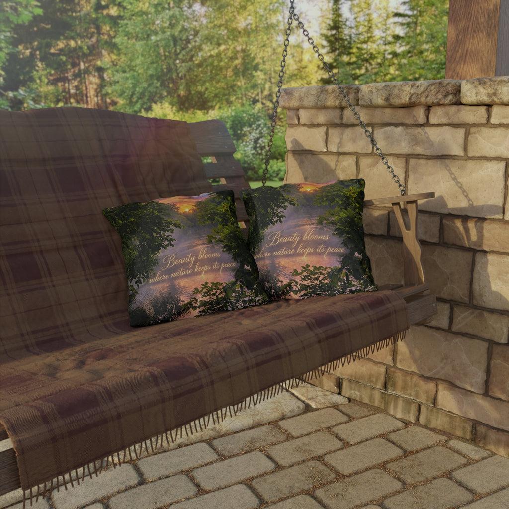 Outdoor Decorative  Pillow – “Beauty Blooms Where Nature Keeps Its Peace” Sunset Lake Nature Decor