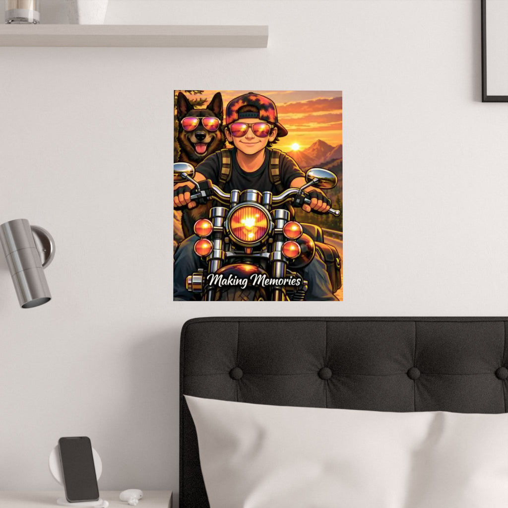 Satin Poster – 'Making Memories' Motorcycle Rider & Dog Sunset Print (210gsm)