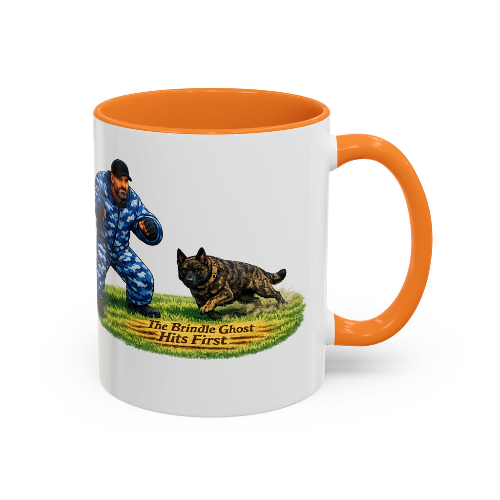K9 Protection Trainer Mug — “The Brindle Ghost Hits First” Color Accent Coffee Cup (11oz/15oz)