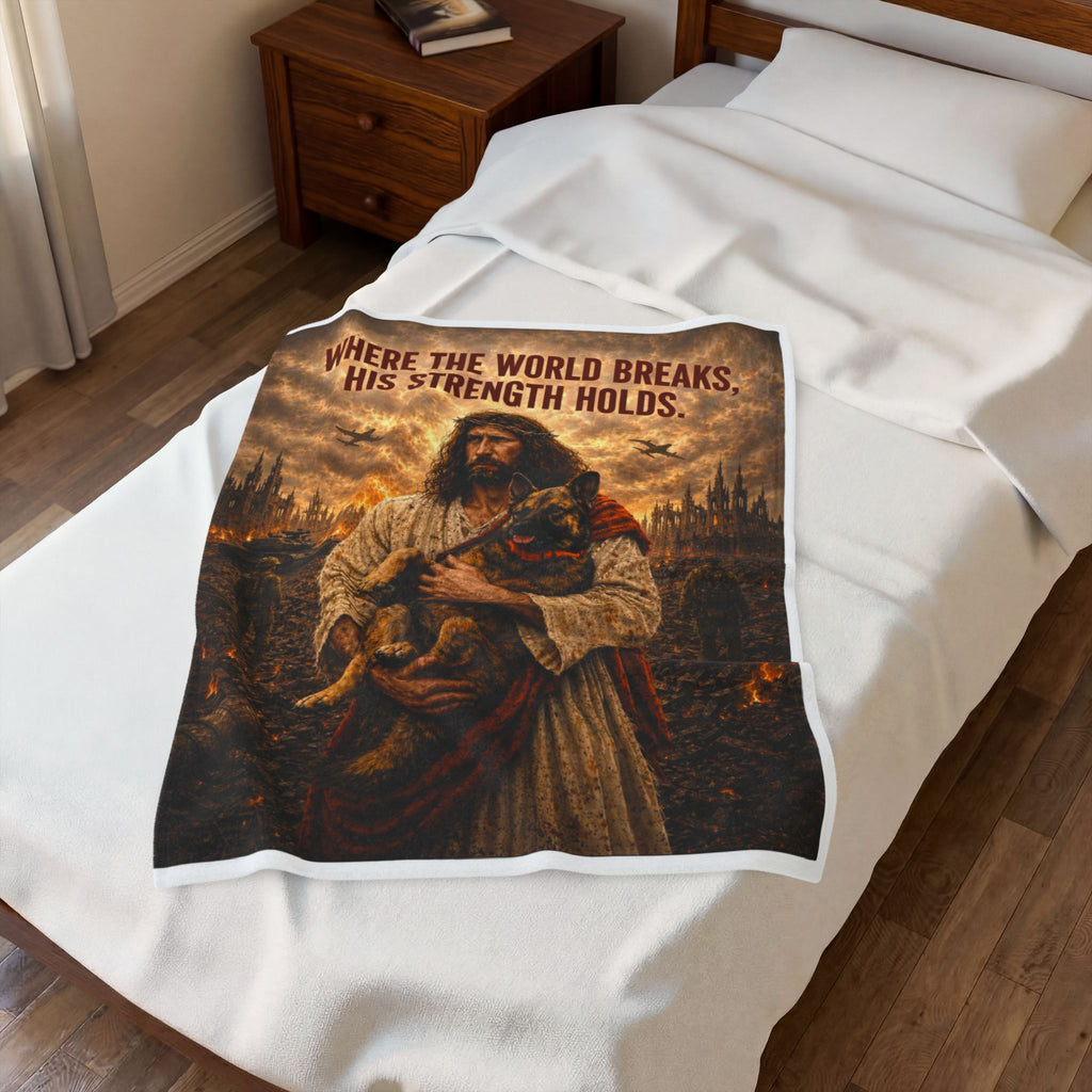 Christian Jesus Shepherd Velveteen Plush Blanket – "Where the World Breaks, His Strength Holds"
