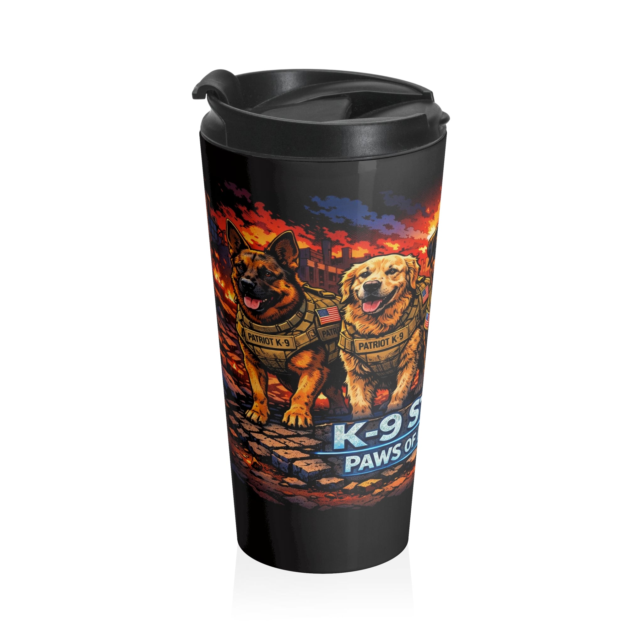K9 Strong Stainless Steel Travel Mug — "Paws of Freedom" Military Working Dog Design