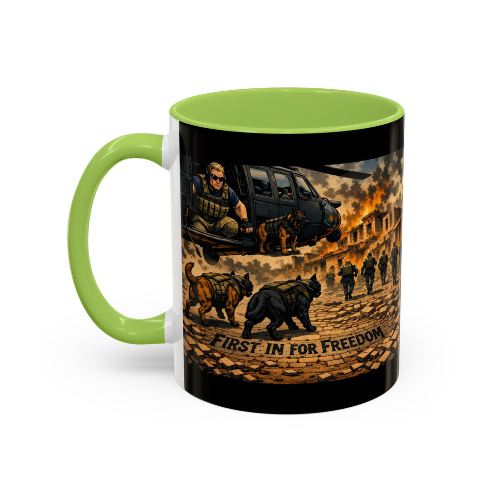 Military K9 Coffee Mug — 'First In for Freedom' Accent Ceramic Mug