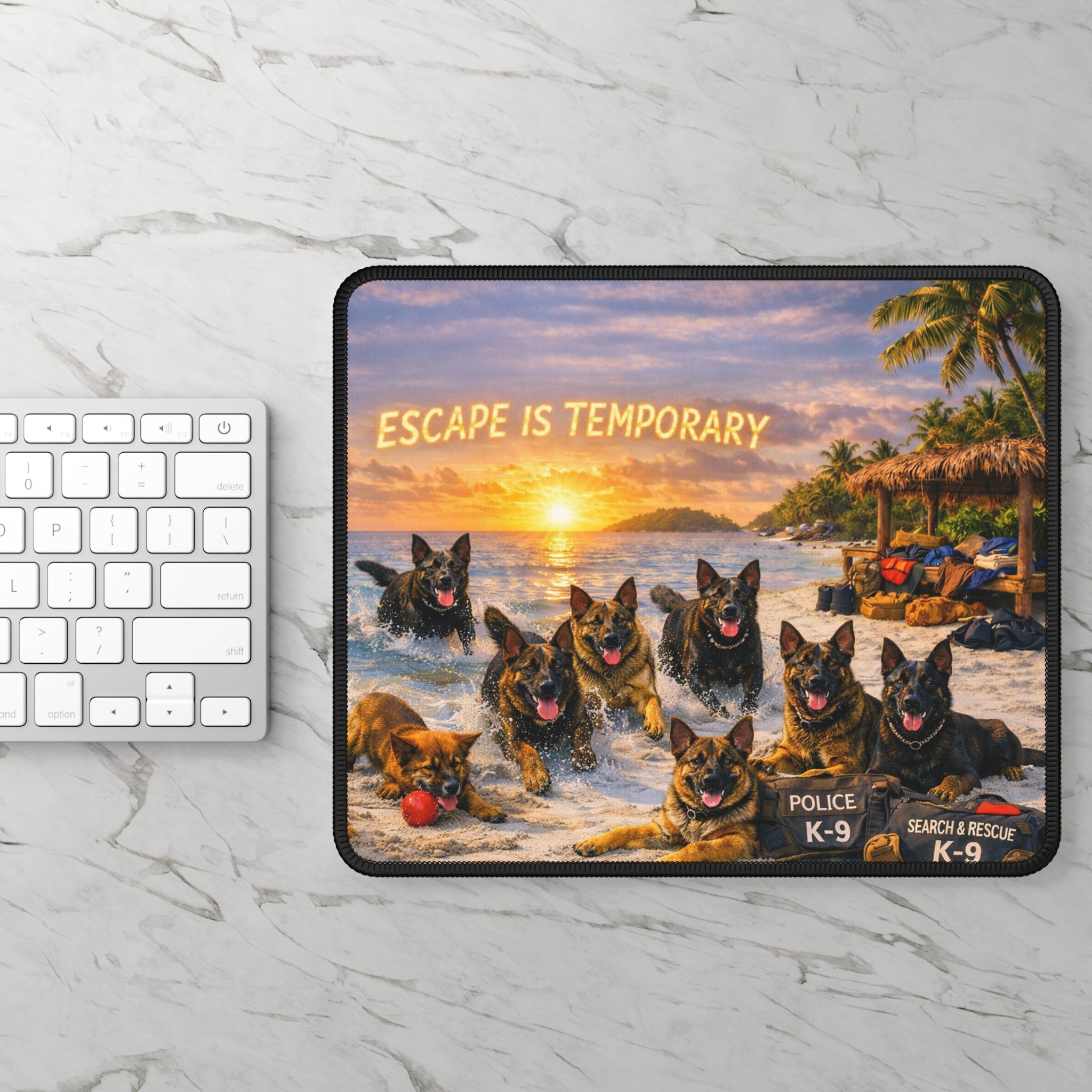 Police K-9 'Escape Is Temporary' Gaming Mouse Pad — Search & Rescue Dutch Shepherds Sunset