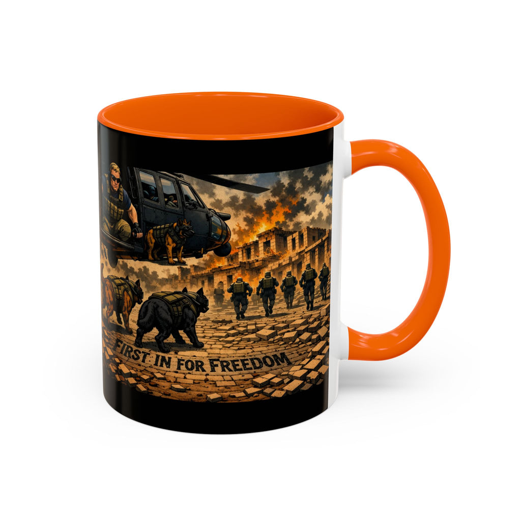 Military K9 Coffee Mug — 'First In for Freedom' Accent Ceramic Mug