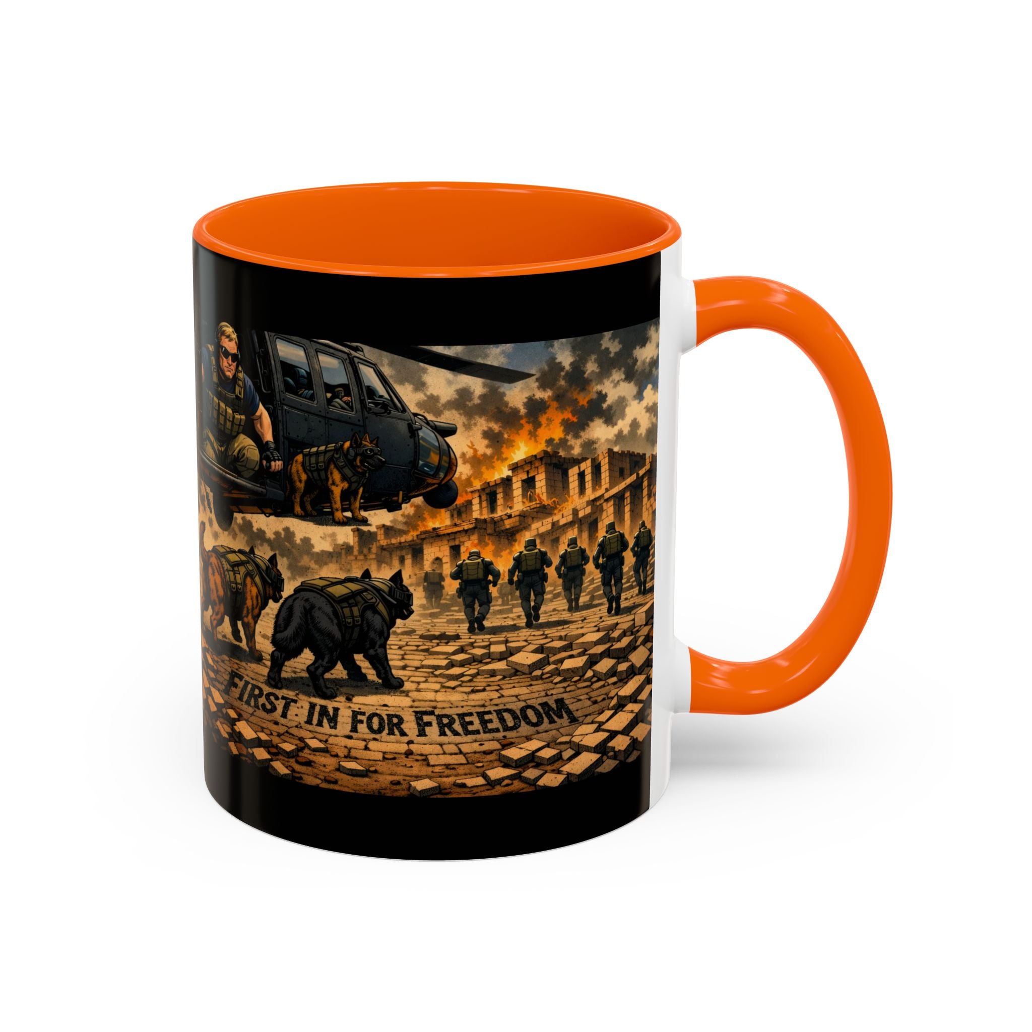 Military K9 Coffee Mug — 'First In for Freedom' Accent Ceramic Mug