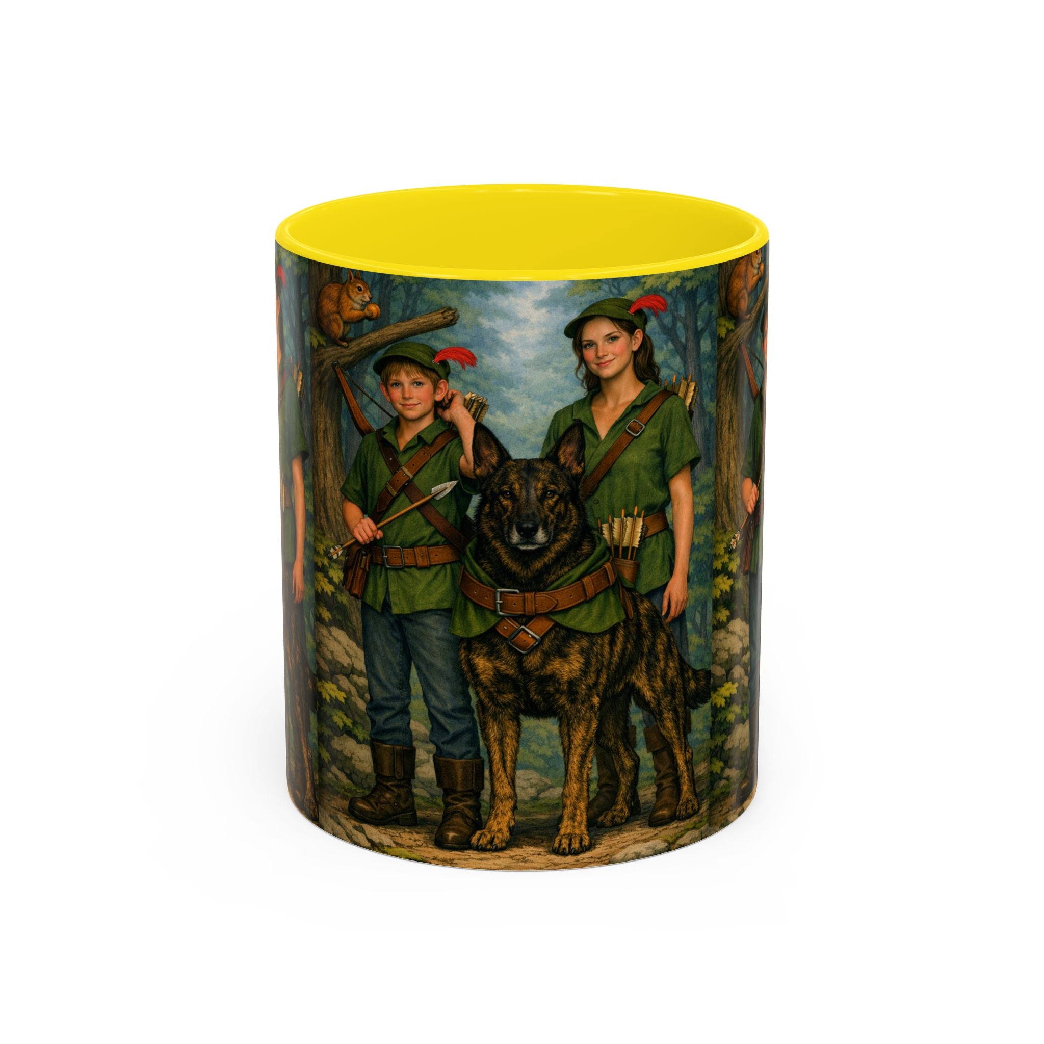 Robin Hood Duo &  Dutch Shepherd Dog Coffee Mug – Fantasy Archer Duo Illustration, Gift for Adventure Fans