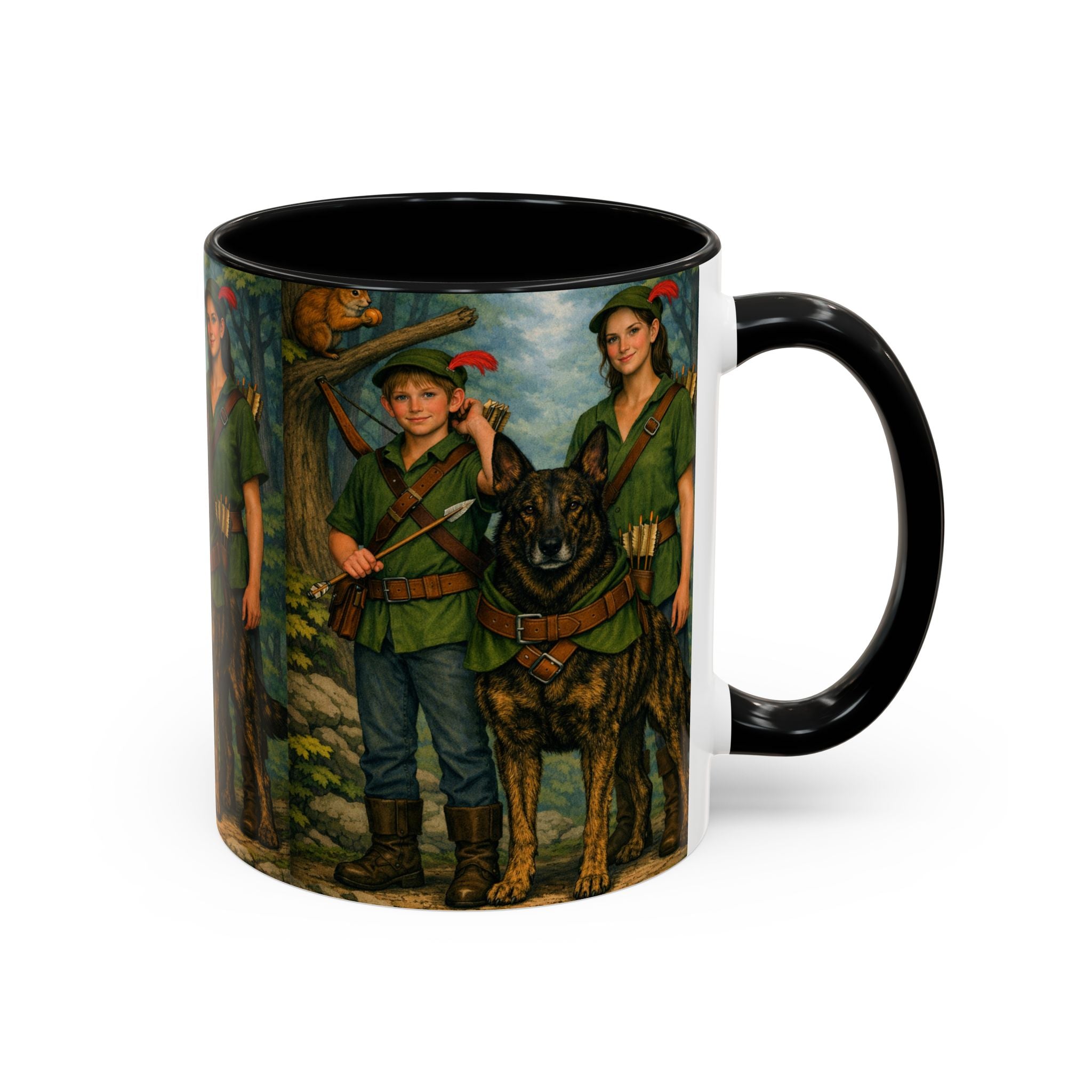 Robin Hood Duo &  Dutch Shepherd Dog Coffee Mug – Fantasy Archer Duo Illustration, Gift for Adventure Fans