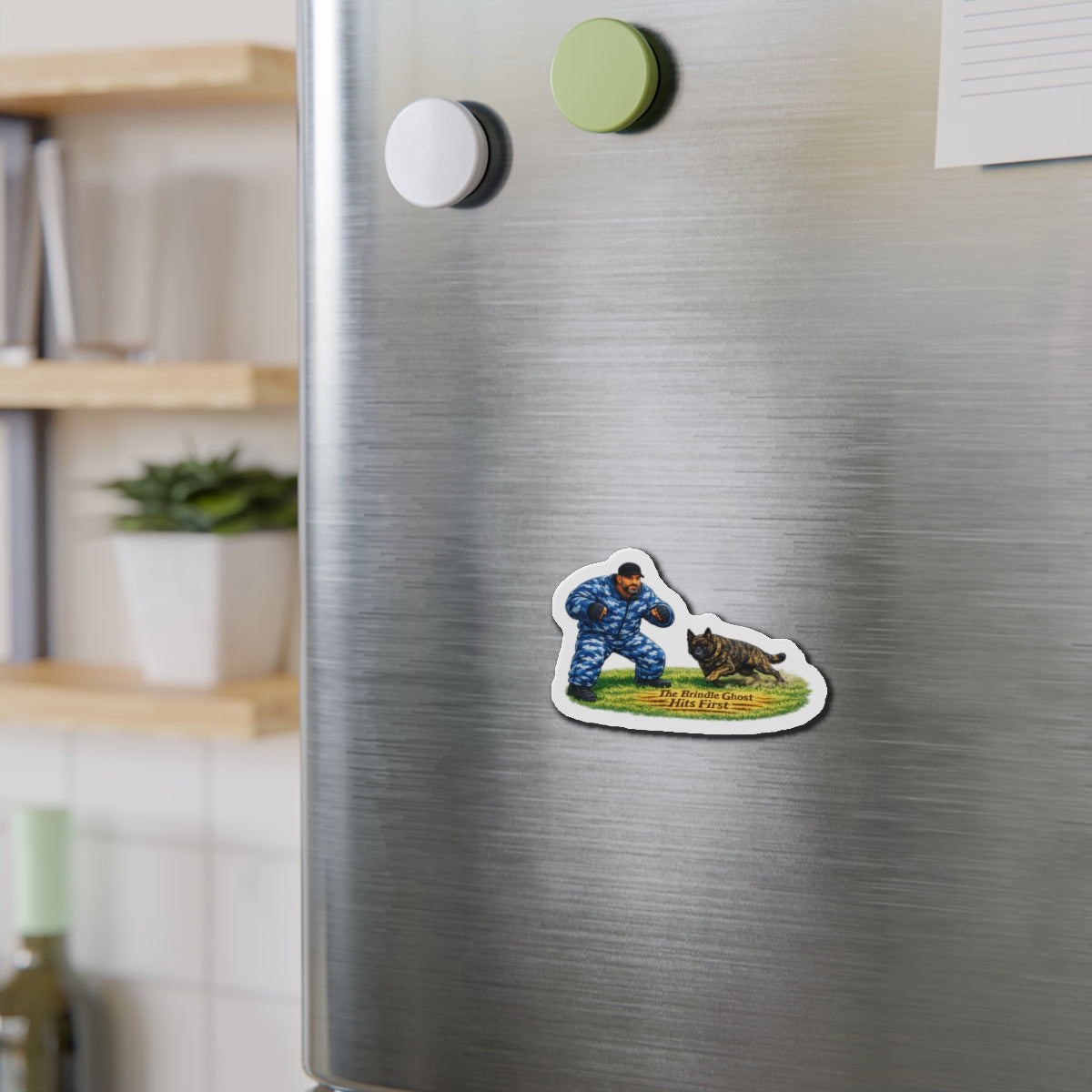 Die-Cut Magnet – 'The Brindle Ghost Hits First' K9 Trainer Design