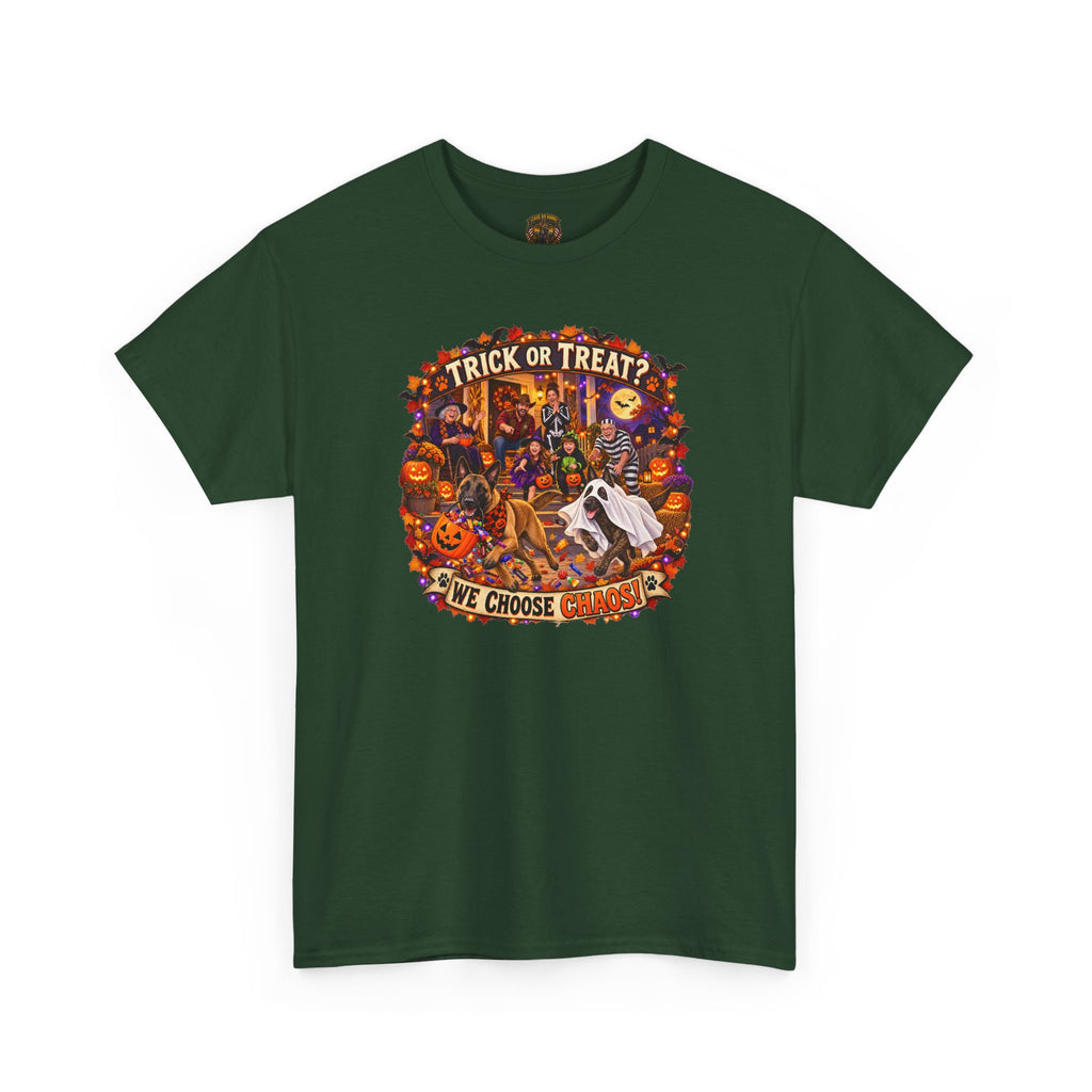 Halloween Trick or Treat T‑Shirt — 'Trick or Treat? We Choose' Spooky Malinois K-9  Graphic Tee