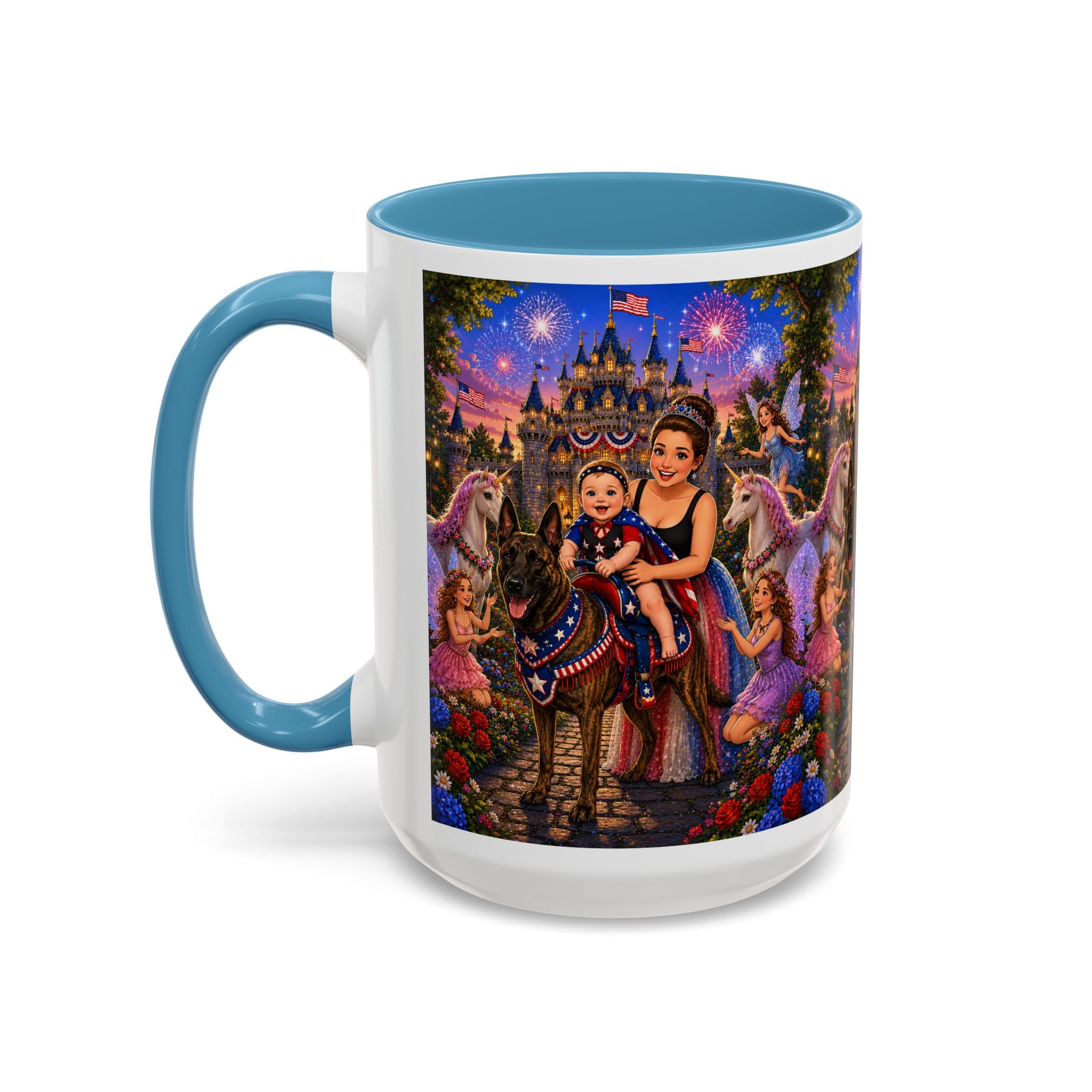 Patriotic Fairy Tale Coffee Mug — Family Castle, Fireworks & Unicorns