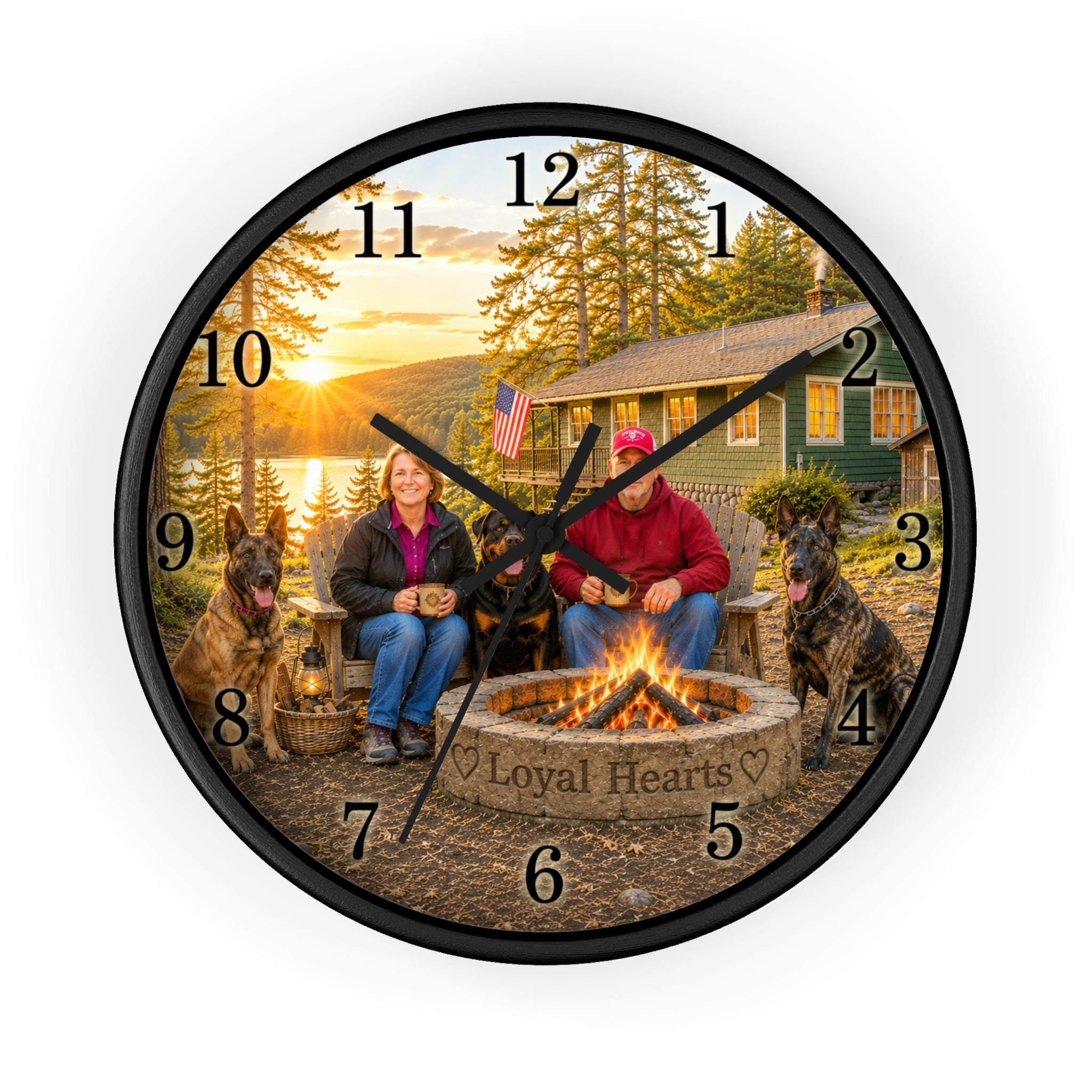 Cabin Campfire Clock — Personalized Lakeside Family Wall Clock ("Loyal Hearts")
