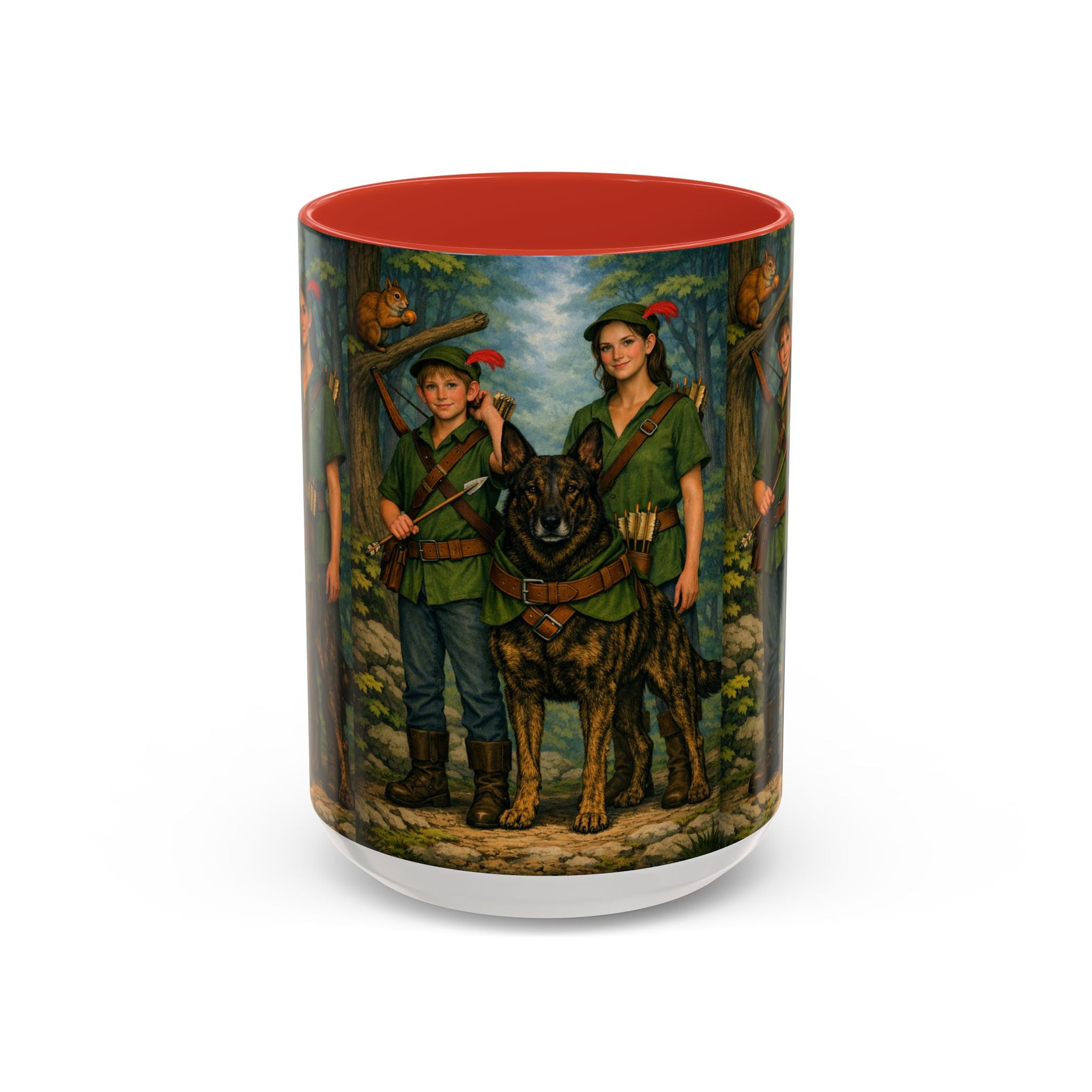 Robin Hood Duo &  Dutch Shepherd Dog Coffee Mug – Fantasy Archer Duo Illustration, Gift for Adventure Fans