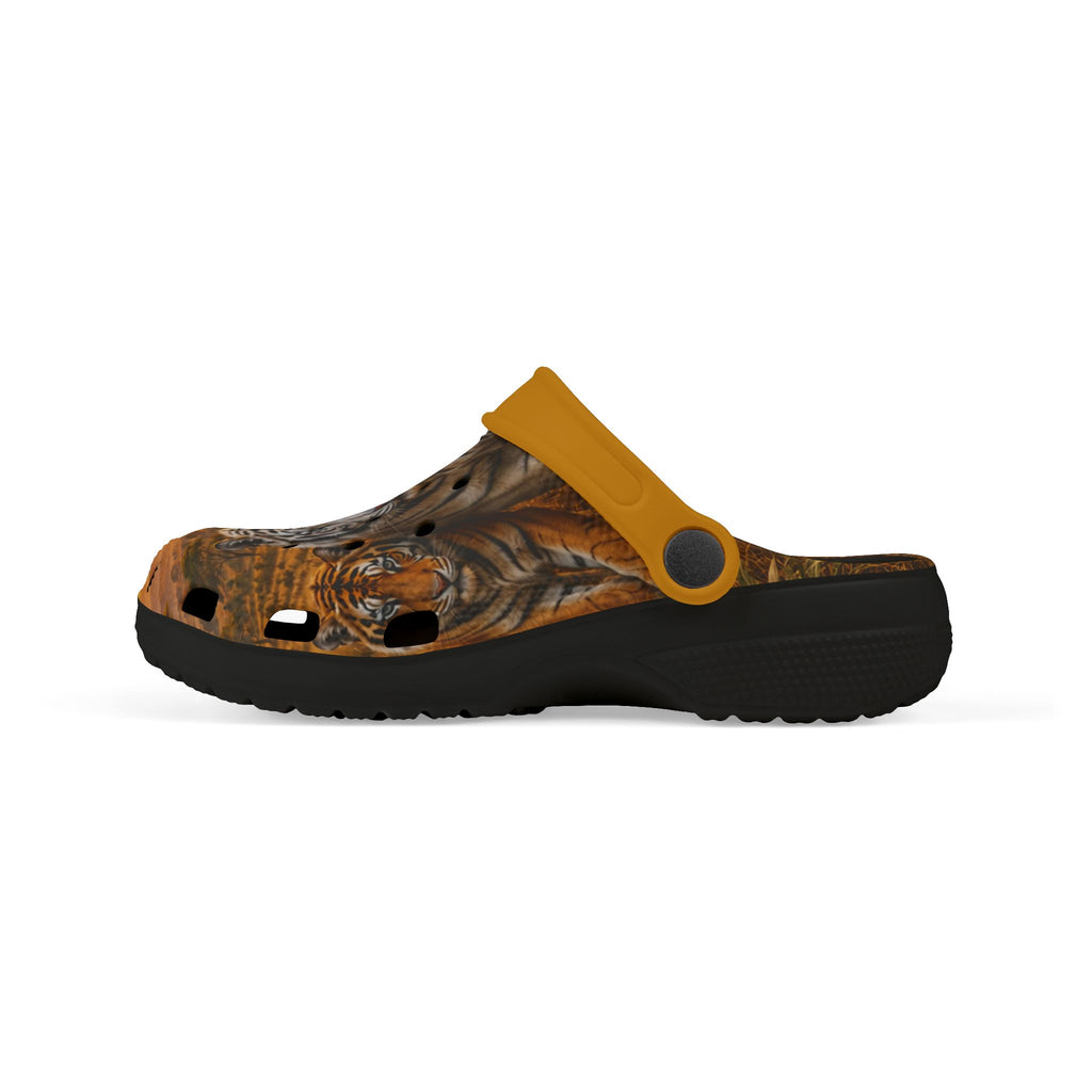 Kids Tiger Print Foam Clogs — Orange Jungle Animal Slip-On Shoes