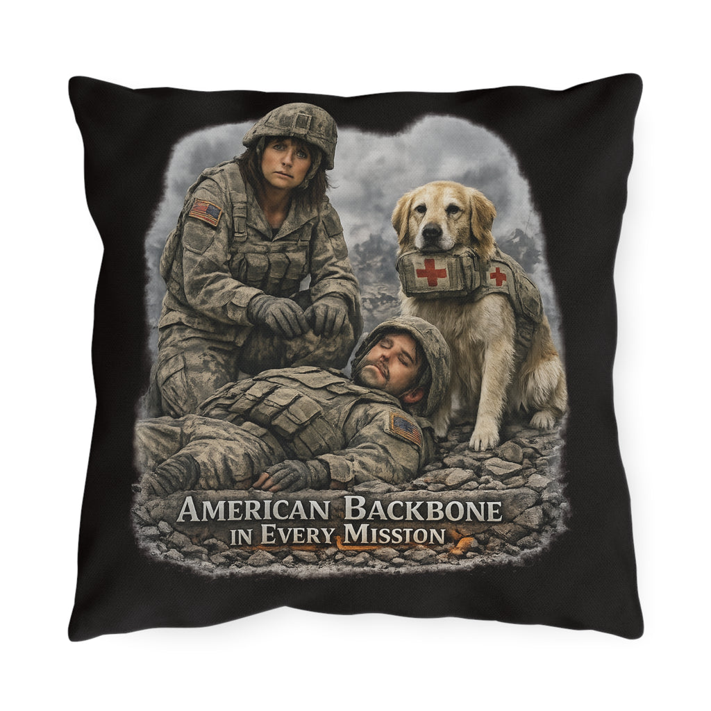 Military Rescue Dog Outdoor Pillow — "American Backbone in Every Mission" Tribute Throw Pillow