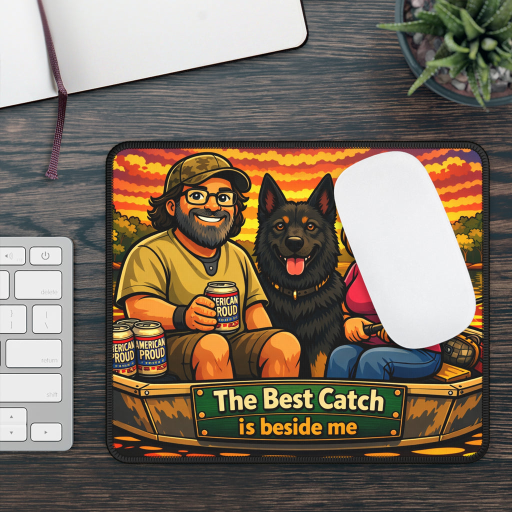 Fishing Couple Gaming Mouse Pad — "The Best Catch Is Beside Me" Cartoon Design