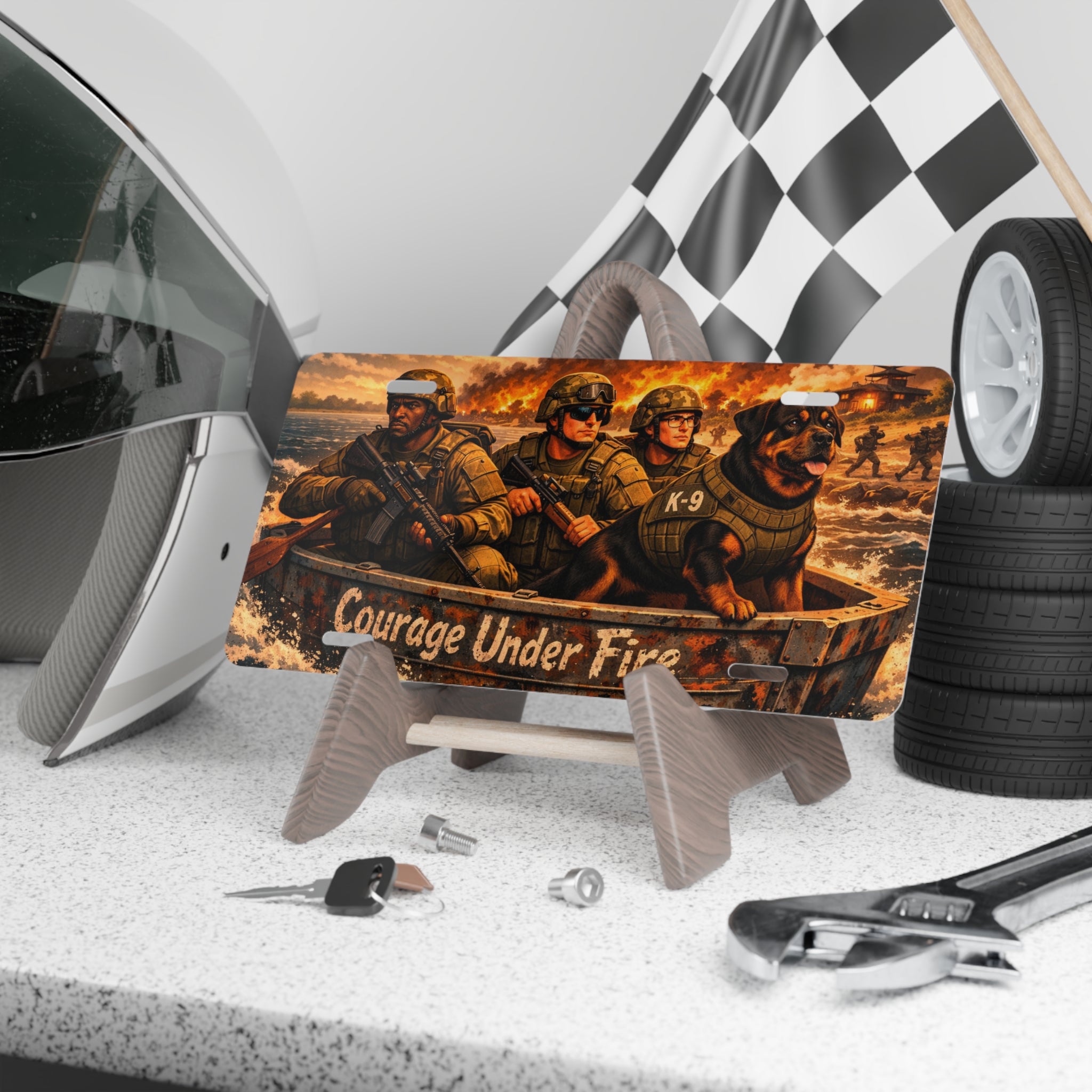 Metal Vanity Plate – "Courage Under Fire" Military K-9 Rescue Design