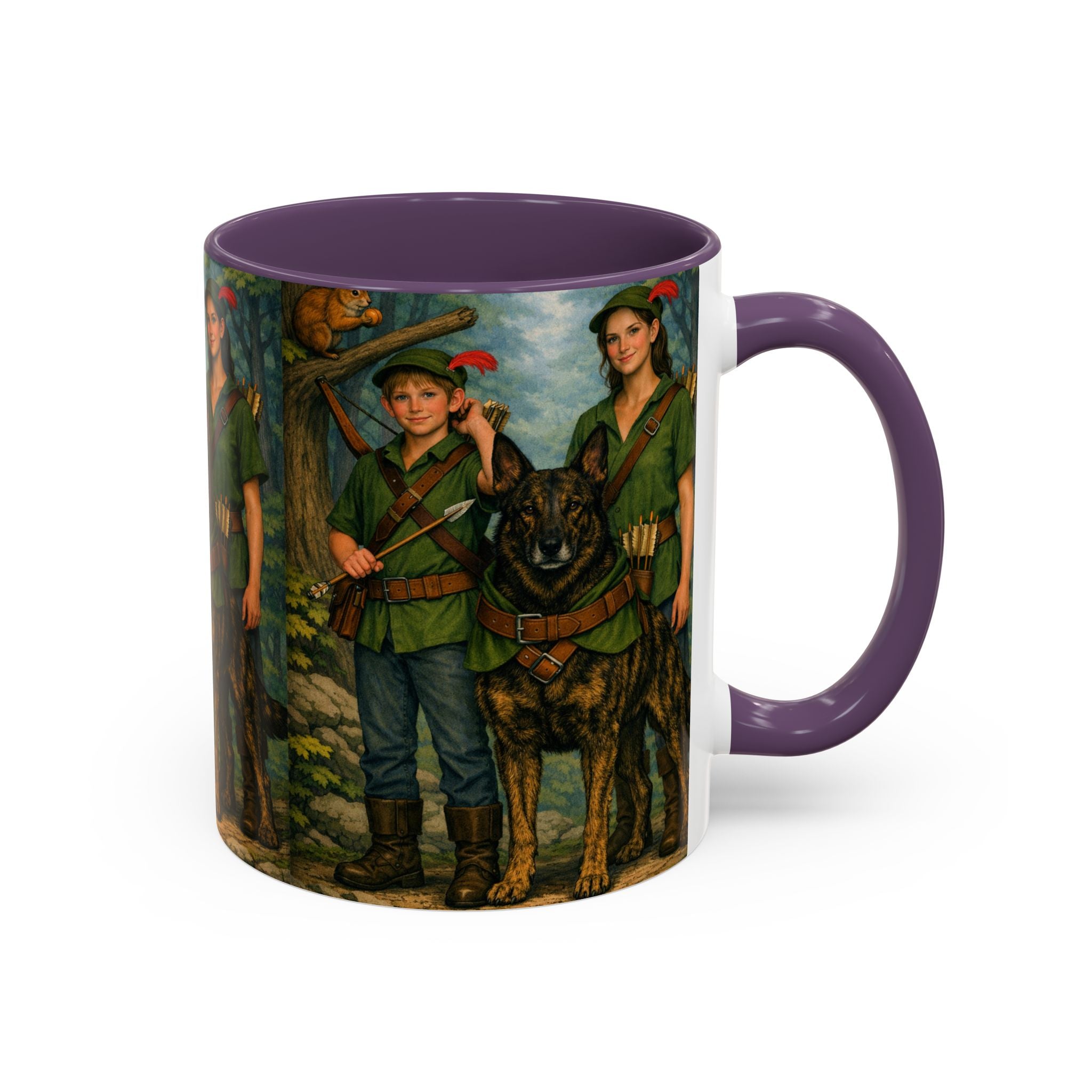 Robin Hood Duo &  Dutch Shepherd Dog Coffee Mug – Fantasy Archer Duo Illustration, Gift for Adventure Fans