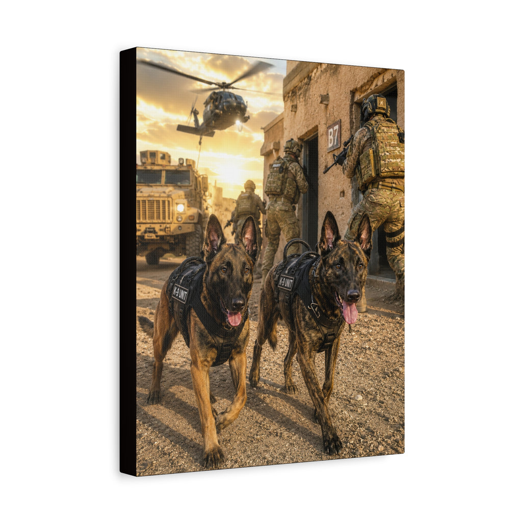 Military Working Dogs Canvas Print — K9 Unit Action Matte Stretched Wall Art