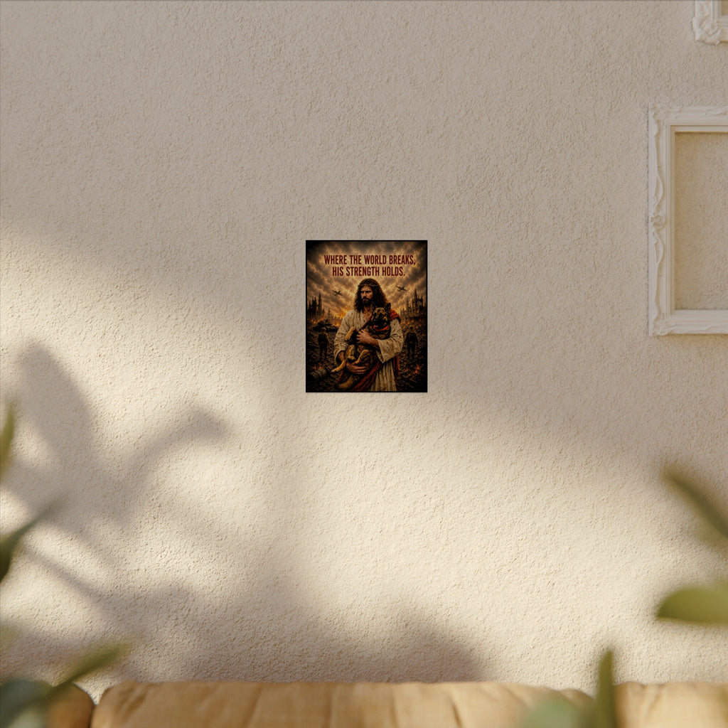 Christian Inspirational Poster — "Where the World Breaks, His Strength Holds" Matte Art
